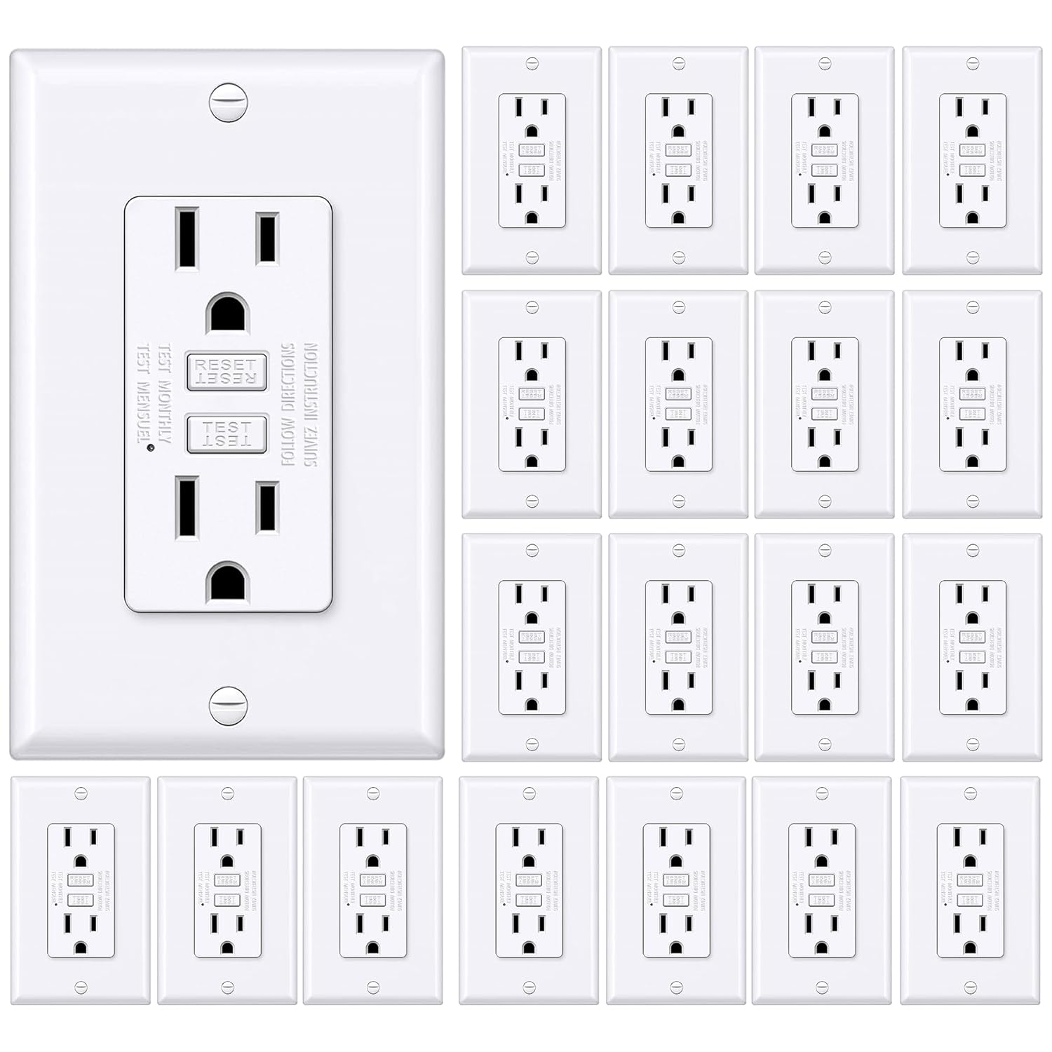 BESTTEN 20-Pack 15A GFCI Outlets - Thinner Design, LED Indicator, ETL Certified, Wallplates Included, White