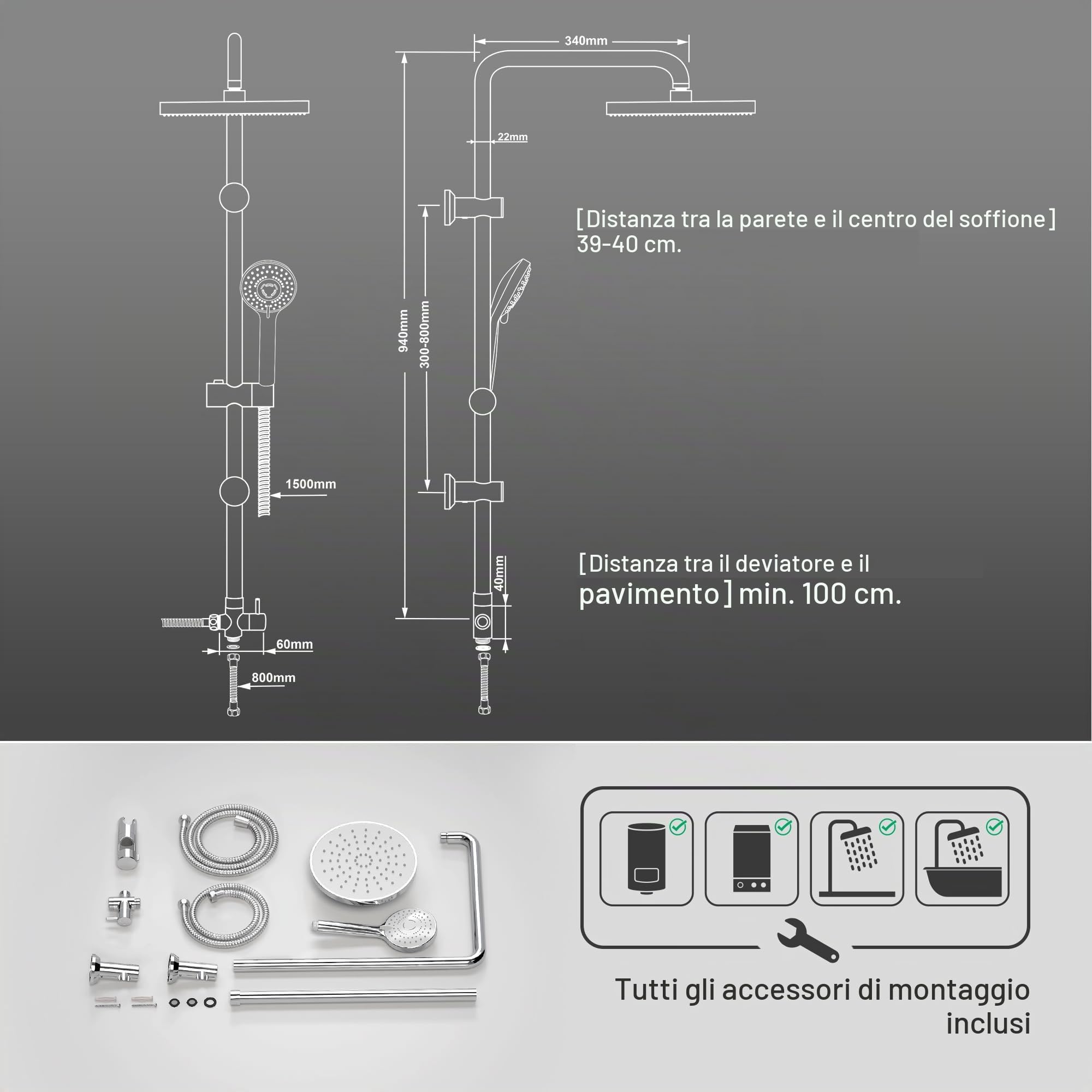 JOHO Colonna Doccia Acciaio Inox con Soffione e Doccetta, D20cm Tondo Cromo