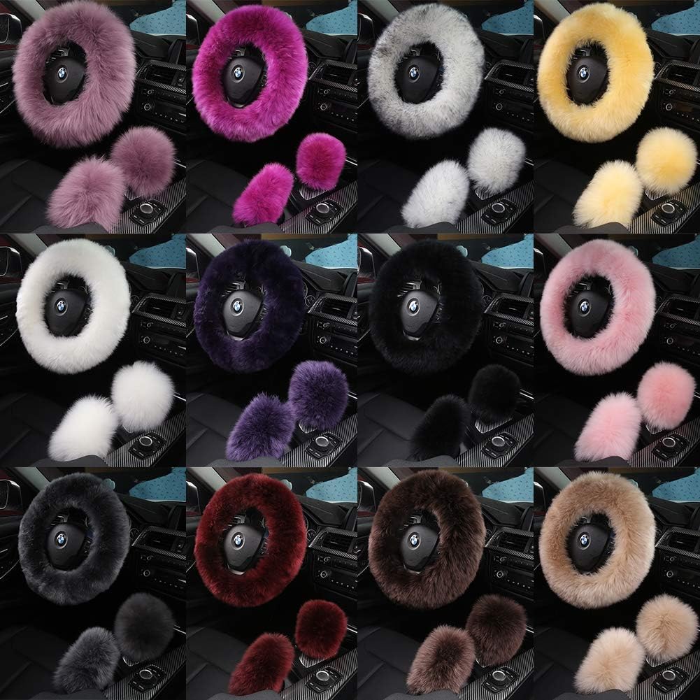 3Pcs Set Fashion Fluffy Fuzzy Wool Fur Soft Car Steering Wheel Cover with Handbrake Cover & Gear Shift Cover for Women/Girls/Ladies Auto Long Wool Accessories, Pink - Image 4