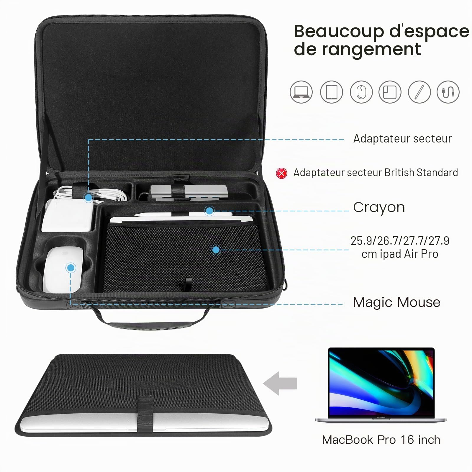 Smatree Sacoche Rigide pour MacBook Pro 16 Pouces 2019-2021, Étui de Transport avec Rangement Accessoire, Noir