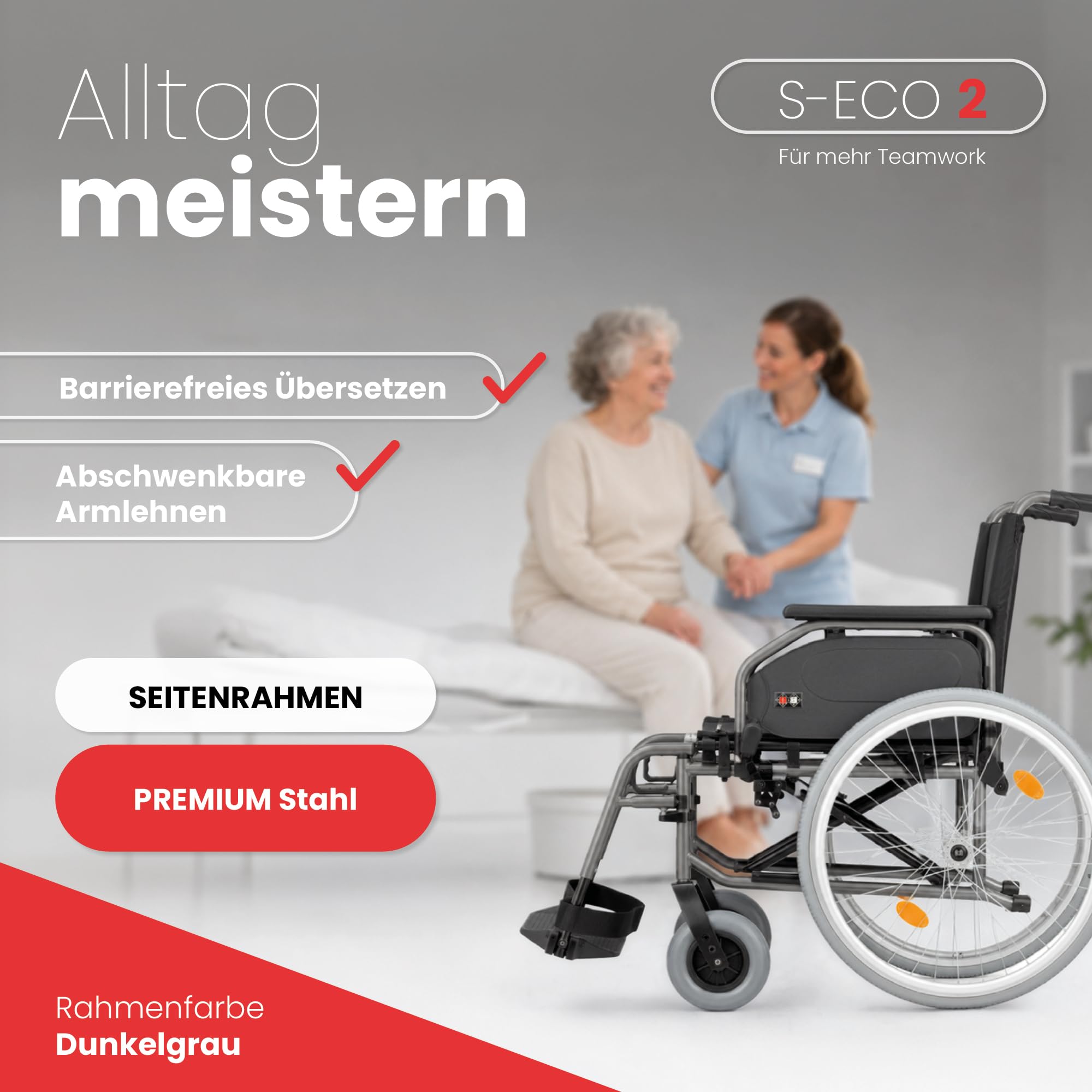 Bischoff & Bischoff® S-Eco 2 Rollstuhl faltbar leicht [52cm Sitzbreite] fixe Sitzhöhe - Klappbarer Reiserollstuhl, Kunststoff-Gabel, Duo-Armlehnen, Wohnung & Unterwegs