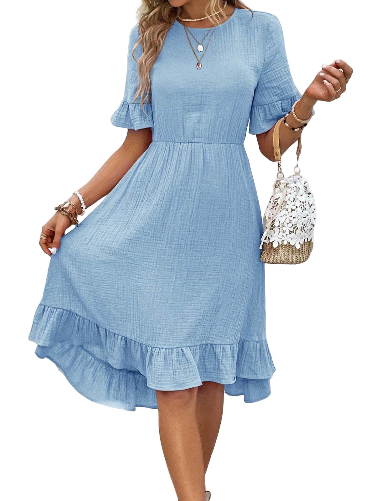 Women's Dress Abito A Manica Corta Casual Estiva da Donna Elastico in Vita -Verde Scuro-l