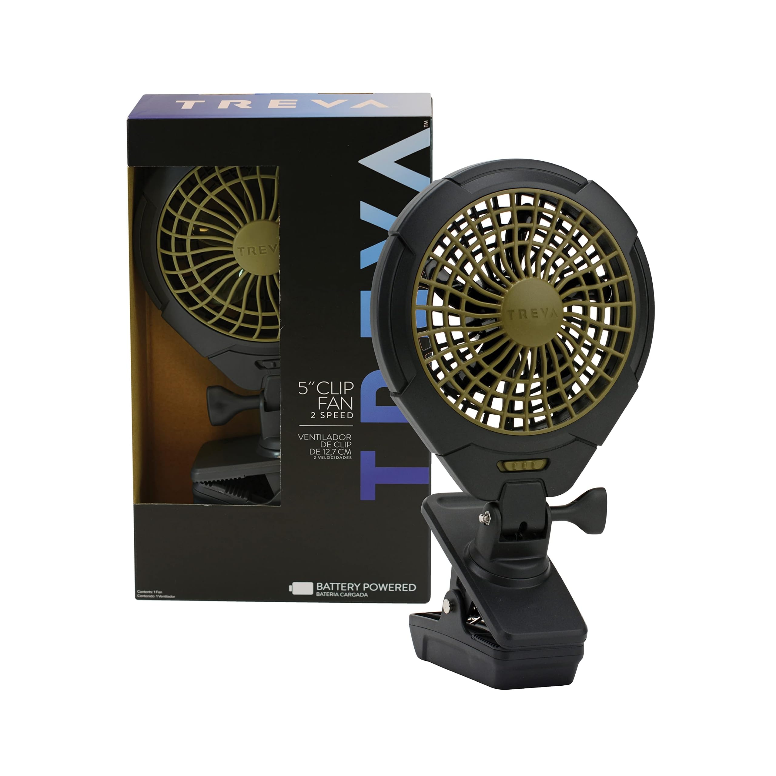 Treva 5 Inch Battery Powered Clip Slim and Portable Cooling Fan with Clamp for Travel, Outdoor,Camping, Car, Office Desk, Baby Stroller - Multi-Directional Rotating and Adjustable Head, Khaki (FC05005)