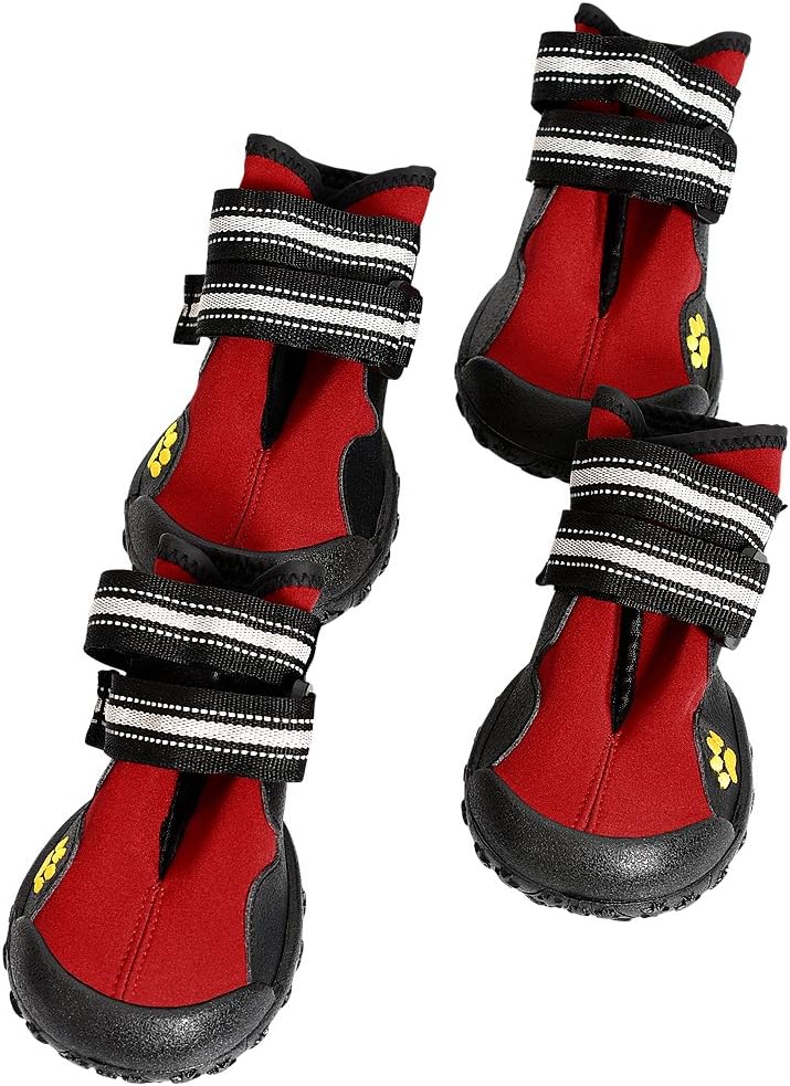 Tenwell Dog Boots Waterproof Pet Shoes Warm Paw Protector for Medium Large Dogs with Reflective Anti-Slip Sole Red 4 Pcs Size 8
