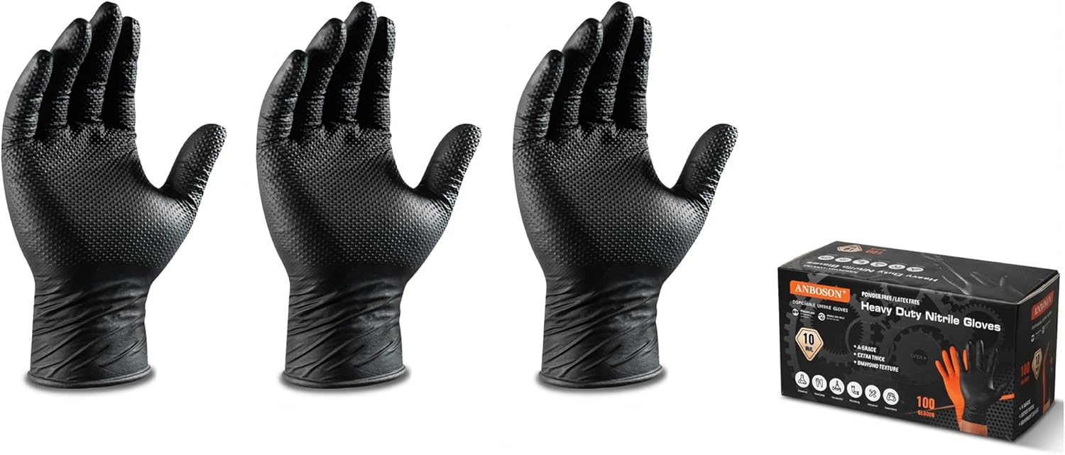 10 Mil Diamond Textured Nitrile Gloves, Heavy Duty Disposable, Extra Thick, Latex & Powder Free, Chemical and Puncture Resistant, Ideal for Auto Repair, Cleaning, Painting