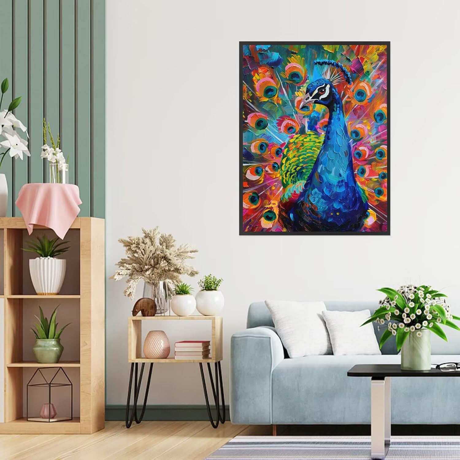 Malen nach Zahlen Erwachsene Pfauen, Blau Malen nach Zahlen Kinder für Anfänger, Hochwertiges Ölgemälde auf Leinwand Handgemalt, Stressabbau Kunst-Set, Perfekt Home Decor Geschenke 70x95cm z-237
