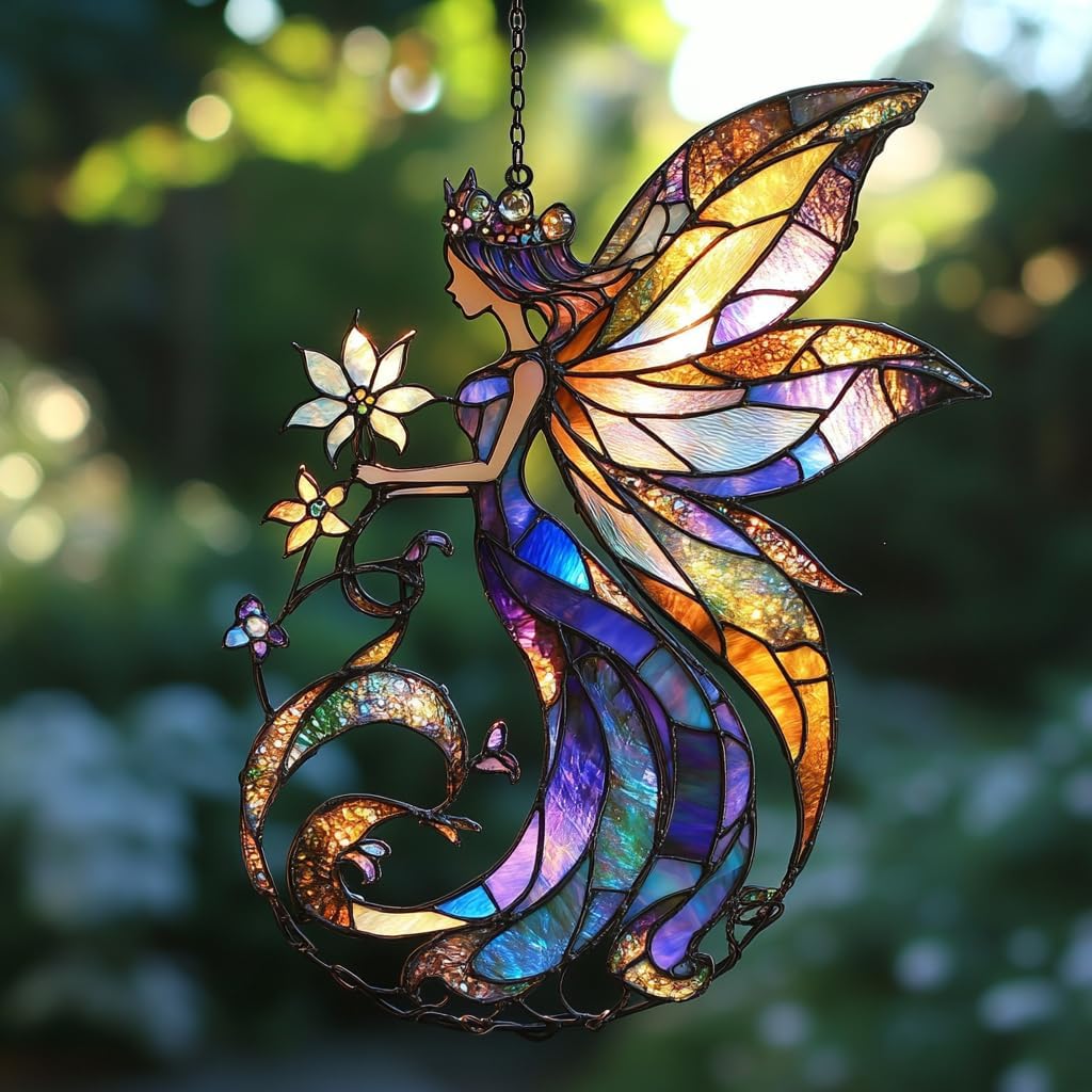 Flowers Fairy Acrylic Suncatcher Stained Glass Effect Window Car Hanging Christmas Ornament Indoor Outdoor Decor Garden Sun Catcher Panel for Fairy Lover for Women Mom Grandma
