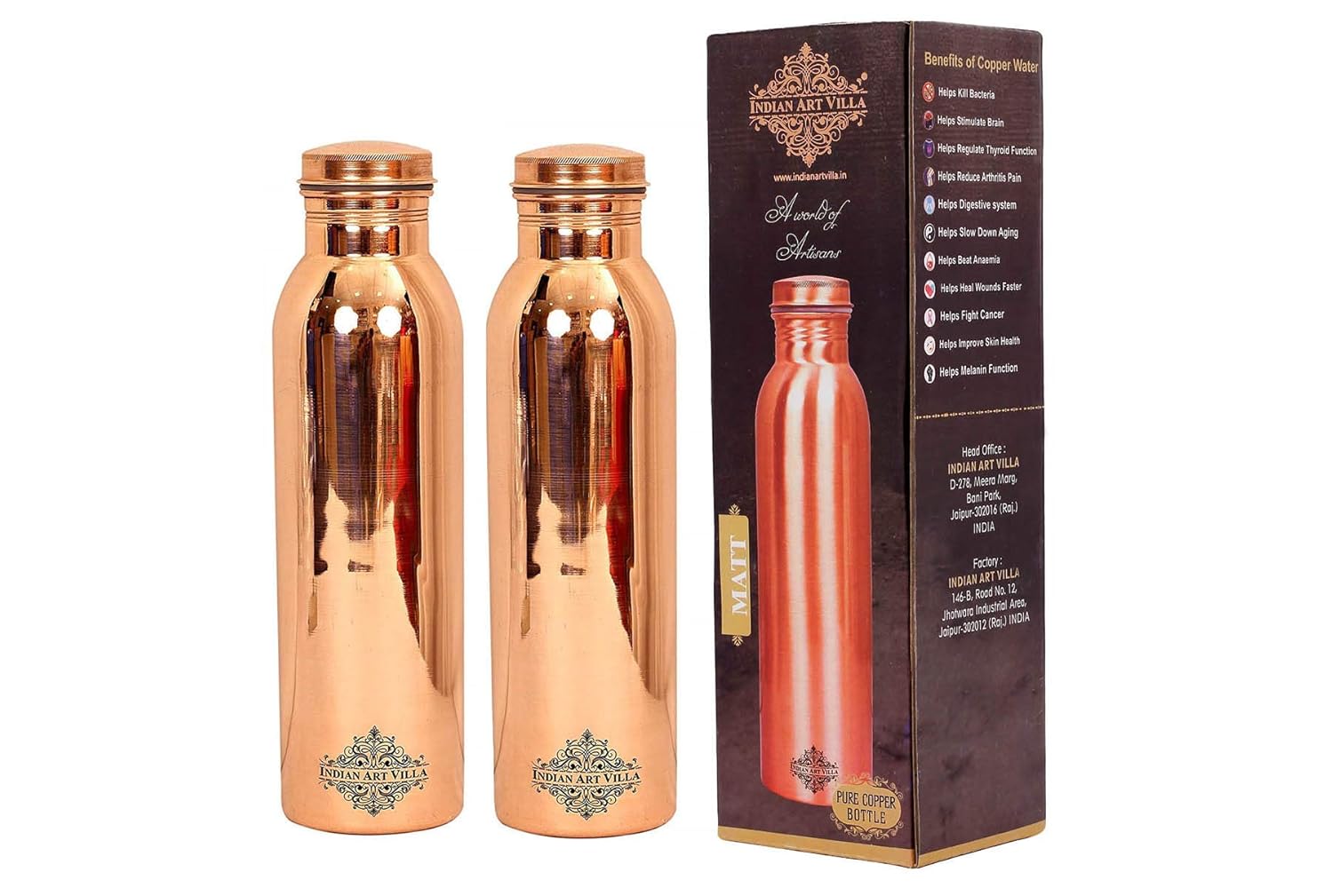IndianArtVilla Pure Copper Set of 2 Leak Proof Joint Free Bottle 35 OZ each - Storage Water Drinkware