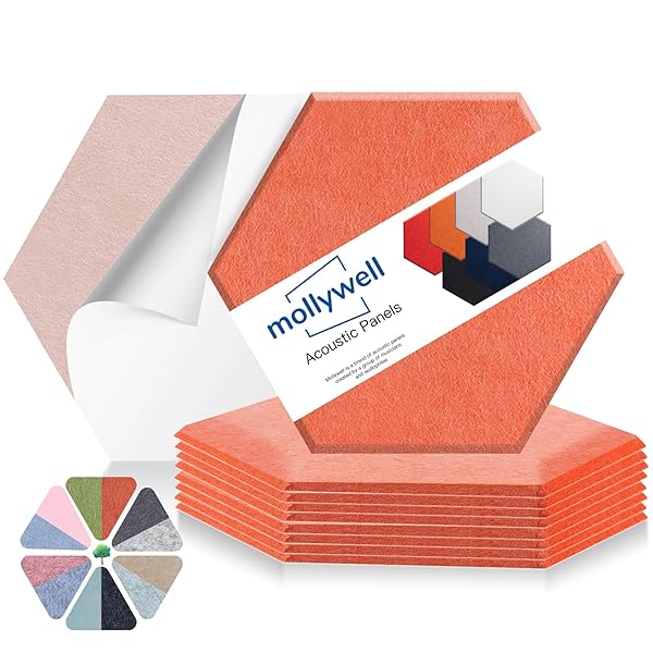 Mollywell Hexagon Acoustic Panels, High Density, Soundproofing, Decorative Noise Reduction Felt Wall Tiles for Ceilings, Home Office & Gaming Room (Orange), 14x12x0.4 Inch