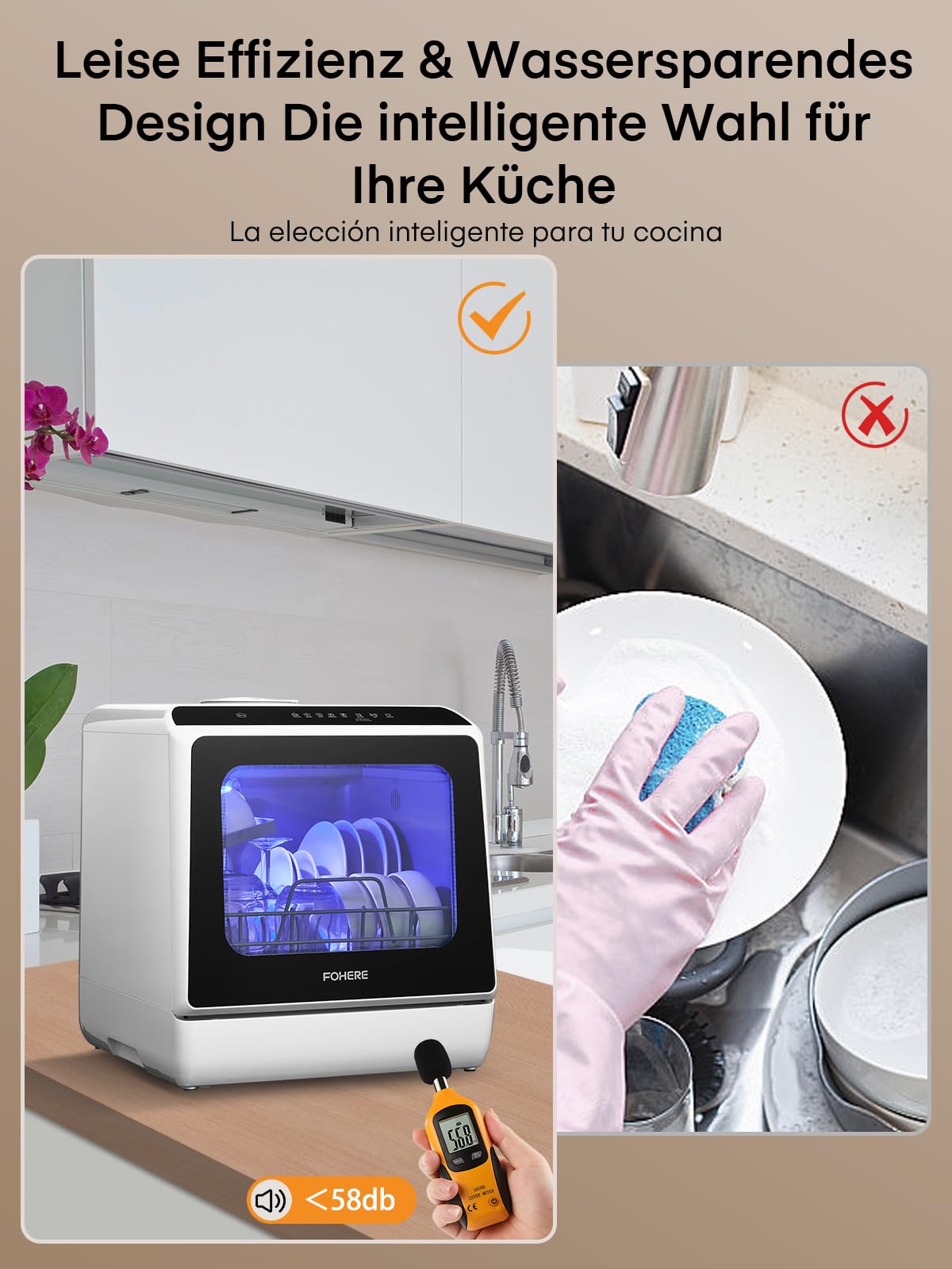 FOHERE Mini Spülmaschine 5L Tank 2-in-1 Water Supply 6 Programme LED-Display Tischgeschirrspüler für Küche Camping Wohnmobil