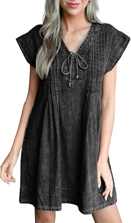 Wenrine Womens Navy Cap Sleeve Lace Elastic Waist Beach Dresses