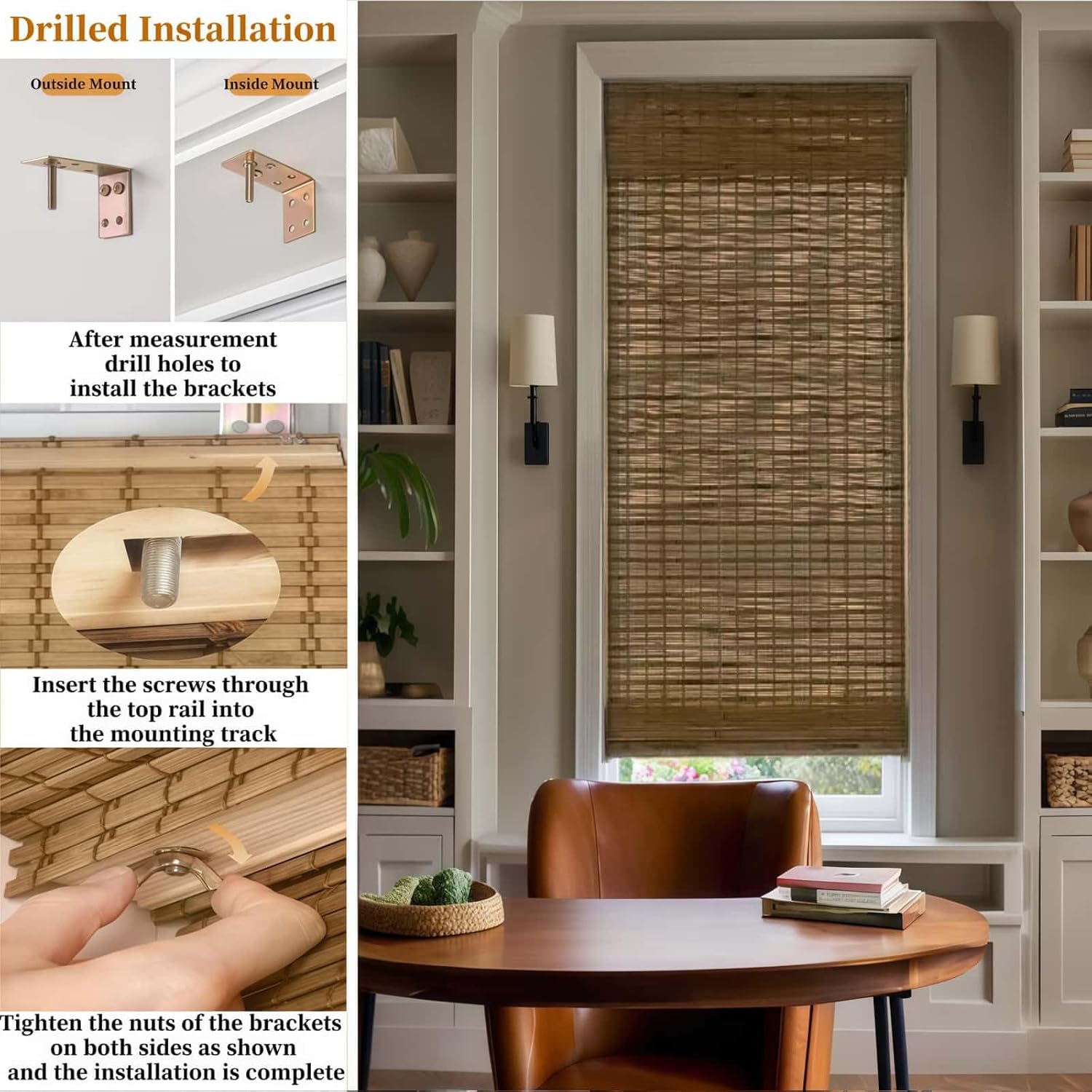 Cordless Bamboo Roman Shades No Tools No Drill Woven Bamboo Blinds with Valance .Light Filtering-dali Native.Wood Roman Window Shades for Windows Doors.47 1/2" W×54" H