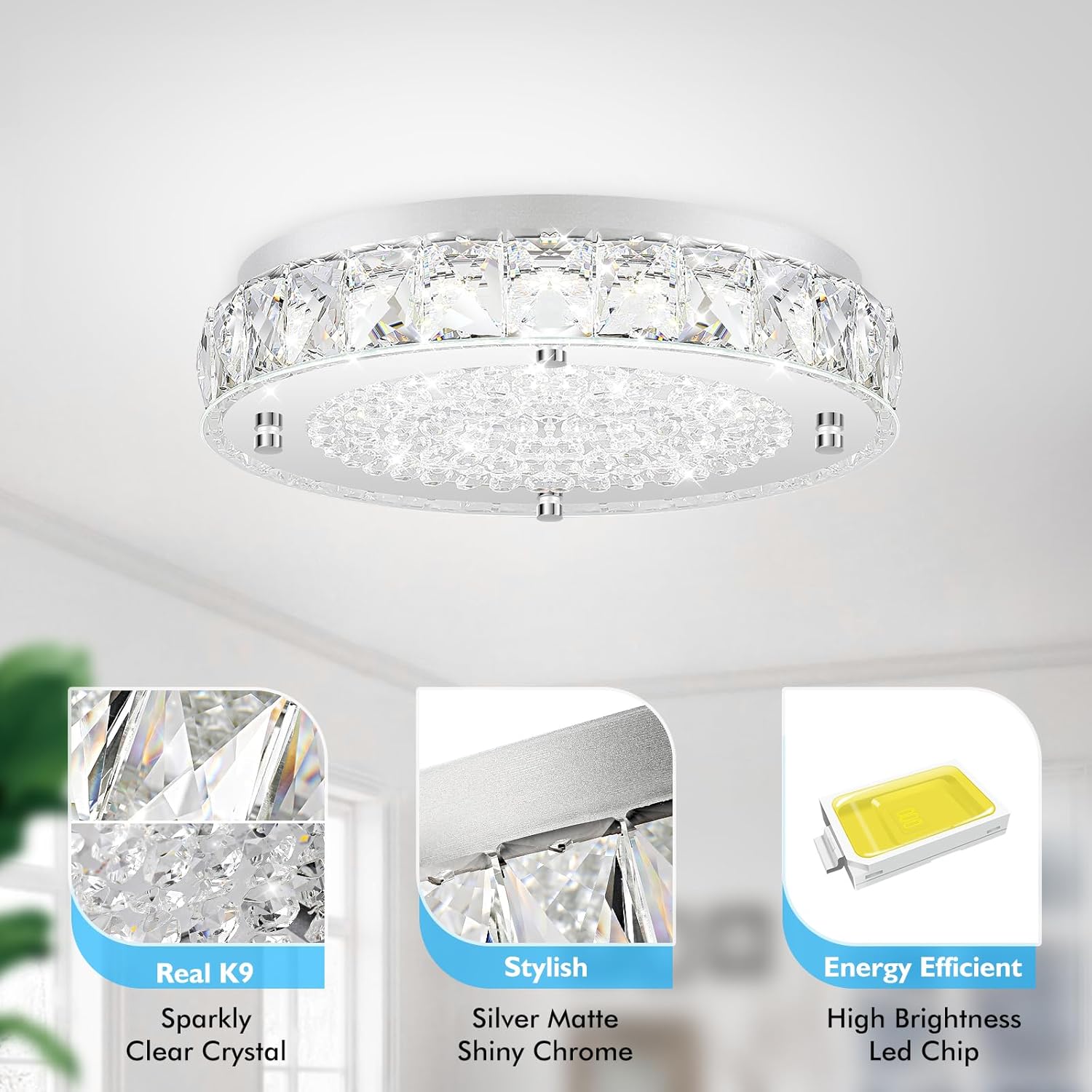 Crystal Flush Mount Chandeliers, LED Ceiling Light Fixture 13-Inch, 5000K Daylight White Super Bright 3300LM Dimmable Farmhouse Kitchen Light Modern Ceiling Lamp for Bedroom Bathroom Nursery