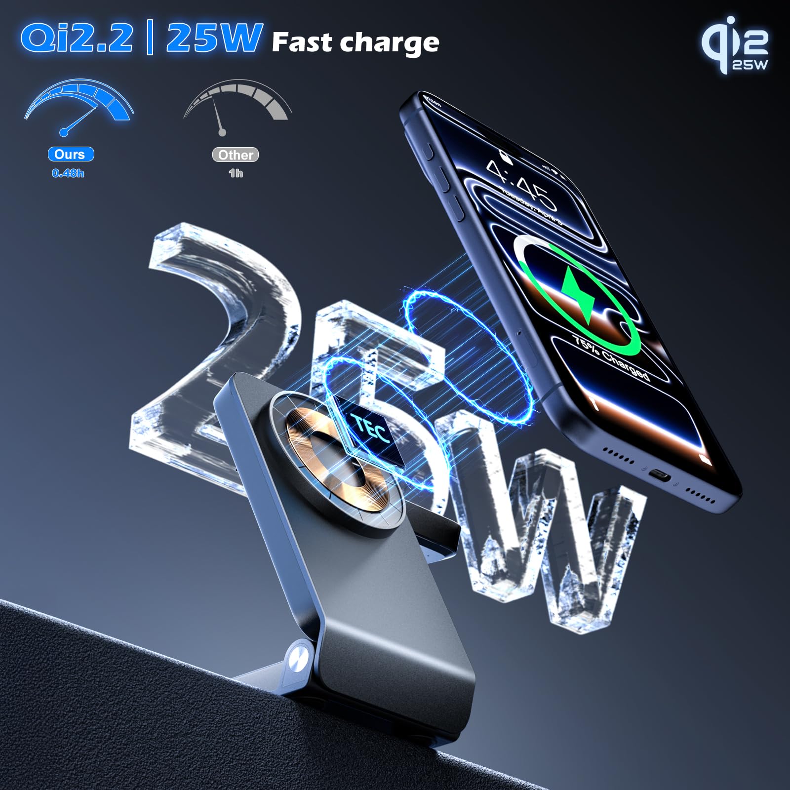 CloudValley 3 in 1 caricatore wireless per apple, Qi 2.2 25 W Ricarica rapida, compatibile con MagSafe, Robusto e durevole, Dissipazione attiva del calore, Portatile