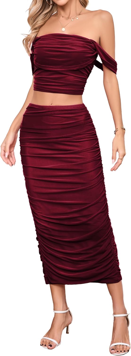 Women's 2 Piece Sexy Mesh Off Shoulder Top & Ruched Bodycon Dress Sets with Back Slit - Image 2