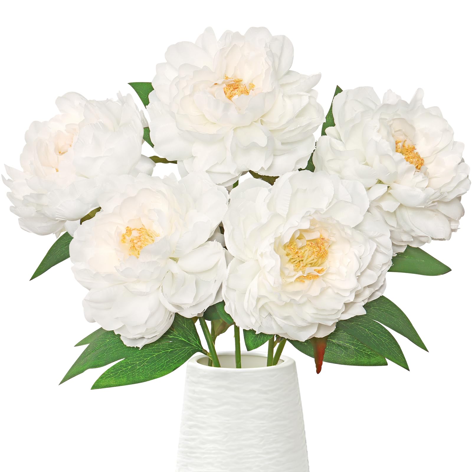 6PCS White Peonies Artificial Flowers Fake Peony Flower Stem for Home Decor
