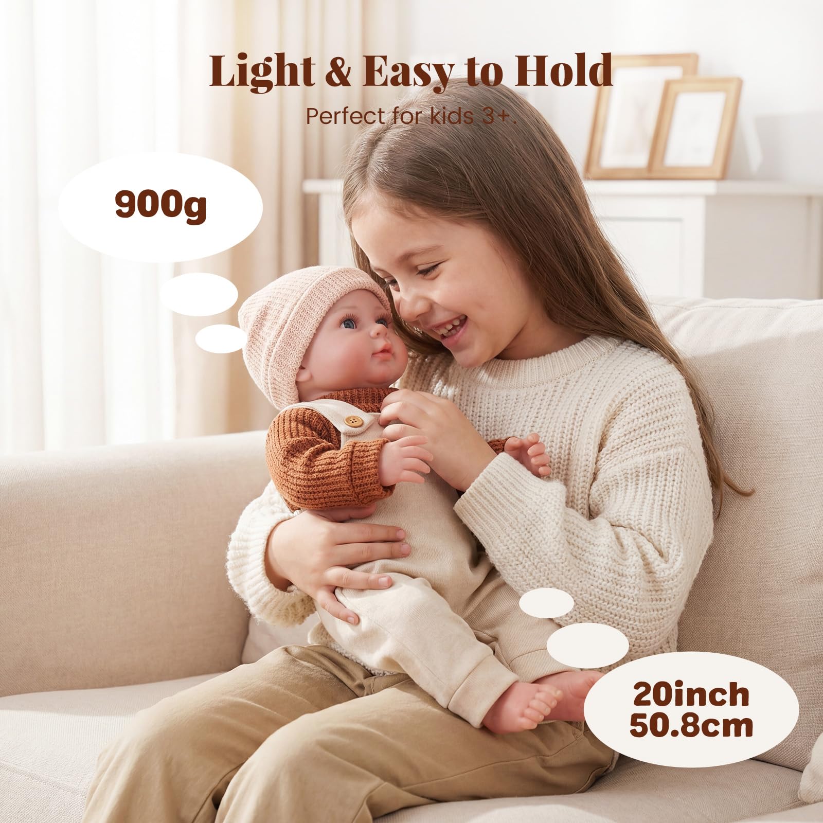 BABESIDE Muñeca de Recién Nacido Realista 50 cm, Figura Articulable con Cuerpo de Tela Suave y Extremidades de Vinilo, Set Completo de Accesorios, Regalo Unisex para Niños y Niñas Desde 3 Años
