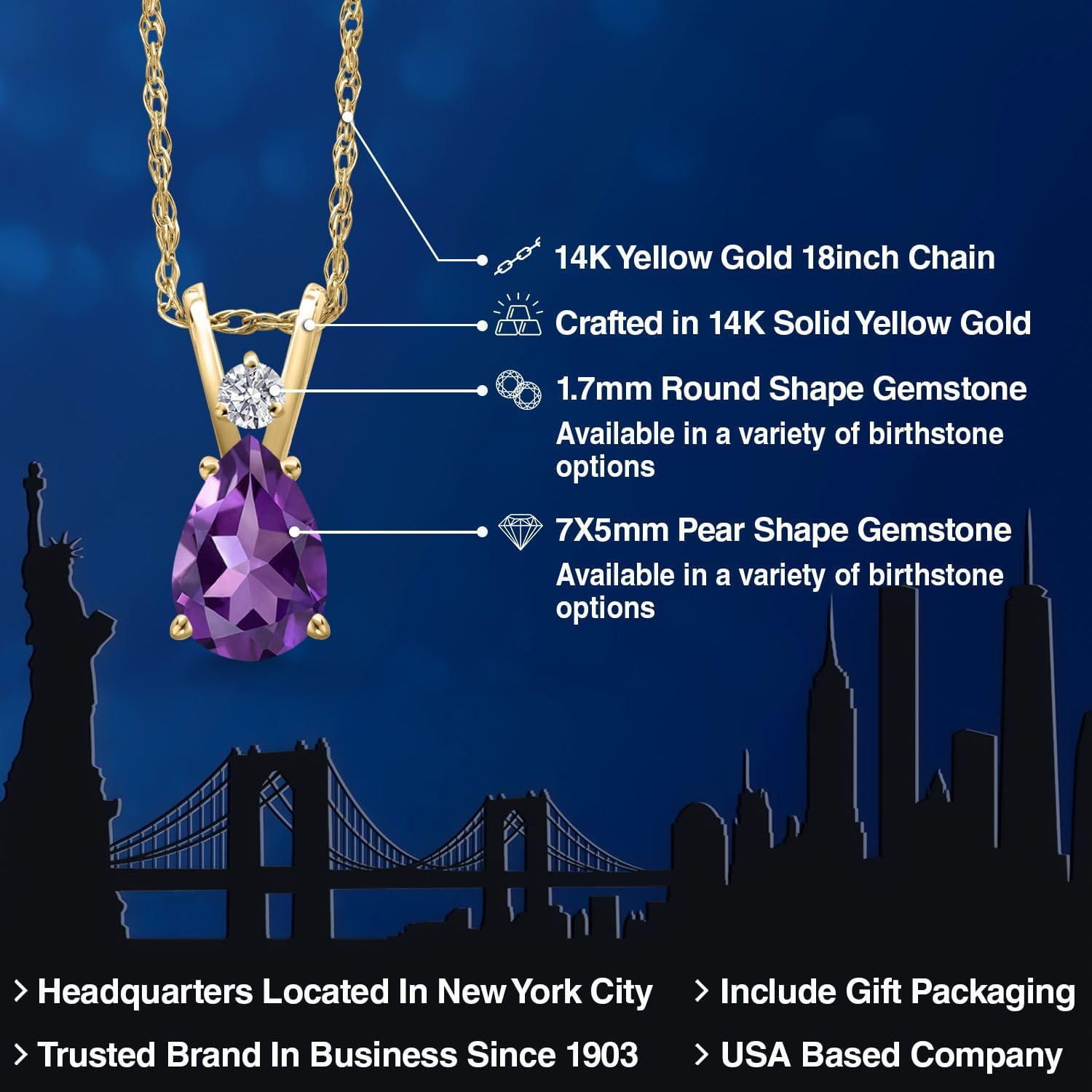 Gem Stone King 14K Yellow Gold Purple Amethyst and Lab Grown Diamond Pendant Necklace for Women | 0.66 Cttw | Gemstone February Birthstone | Pear Shape 7X5MM | With 18 Inch Chain - Image 2