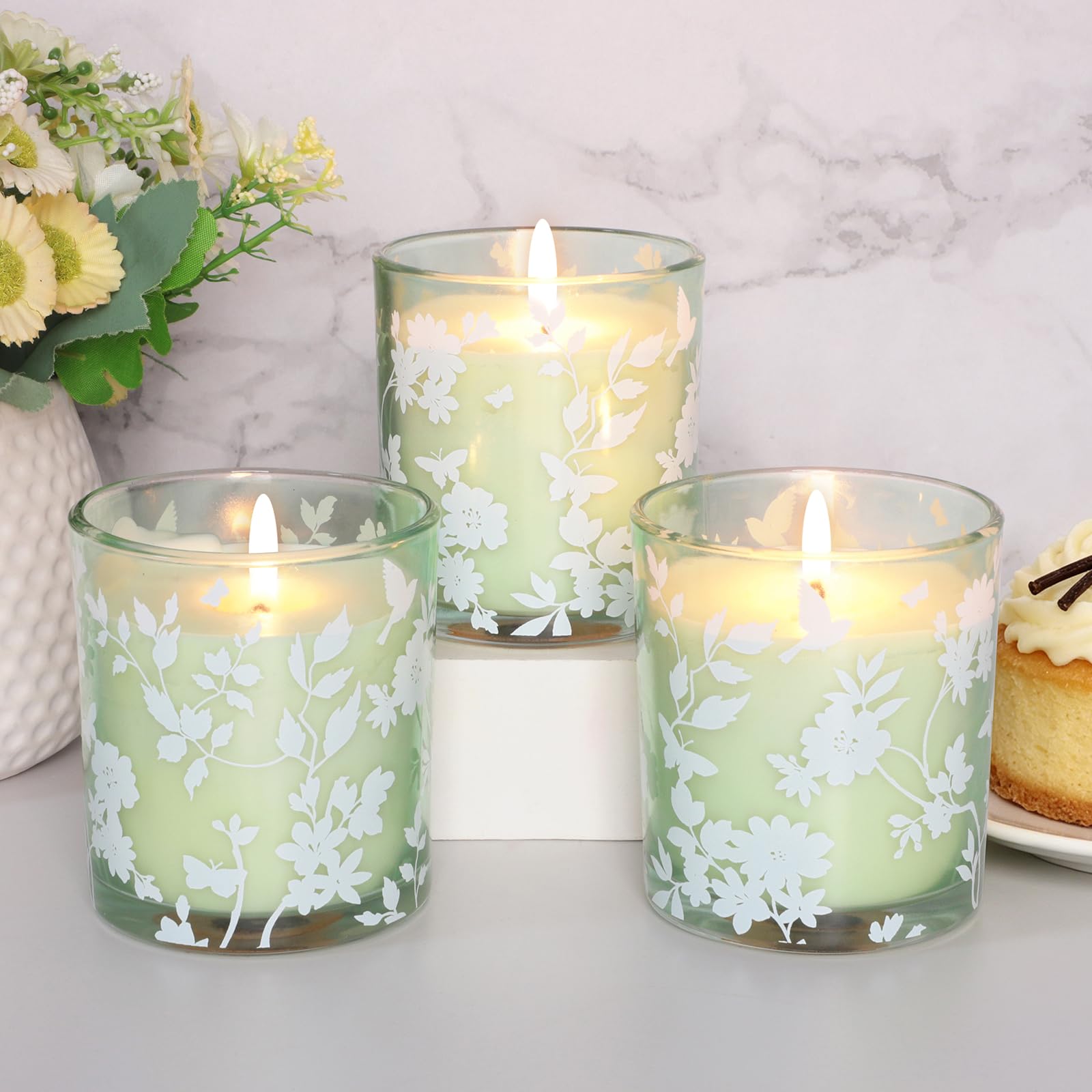 Paquete de 3 velas perfumadas de vainilla para aromaterapia, cera de soja de larga duración, vela en tarro de cristal blanco floral verde para decoración del hogar, Navidad, cumpleaños