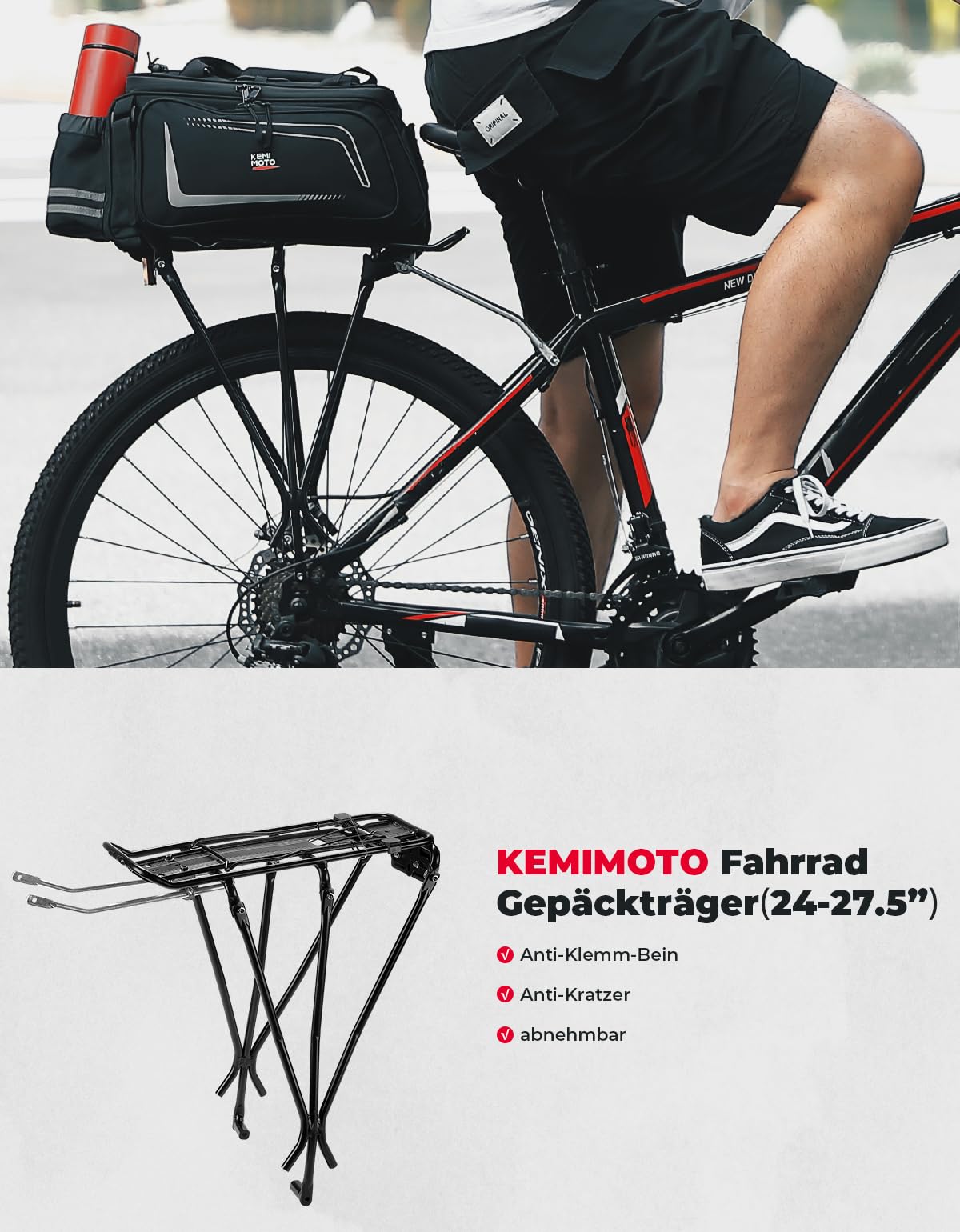 KEMIMOTO Universal Fahrrad Gepäckträger, Gepäckträger Mountainbike, Cube Gepäckträger mit Reflektor, Gepäckträger Fahrrad Hinten mit Schnellspanner für MTB Rennrad