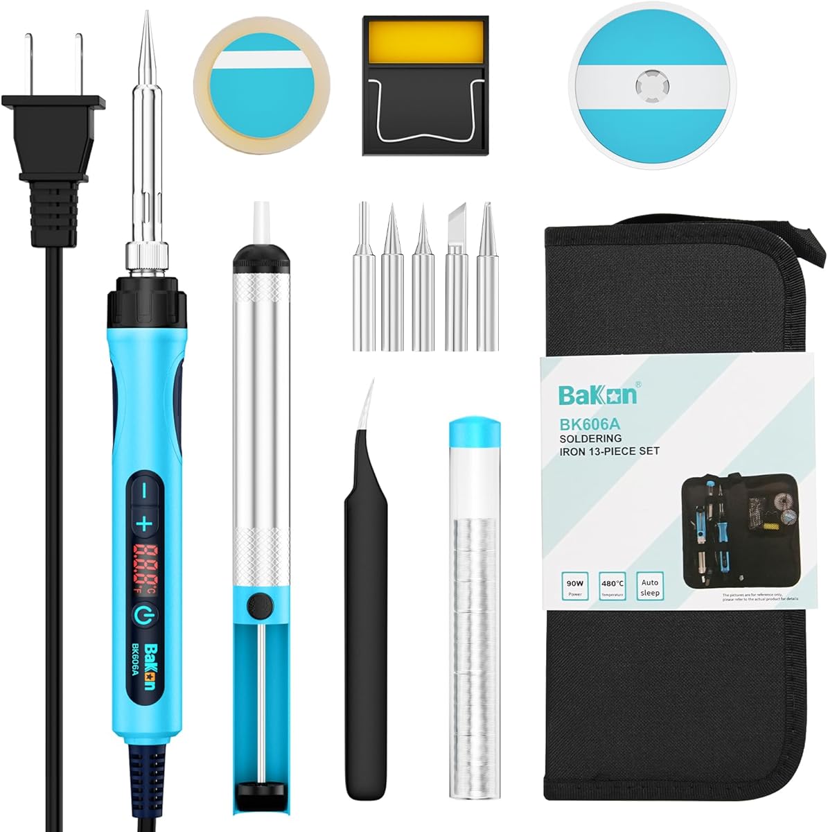 Soldering Iron Kit,90W LED Digital Soldering Gun Kits,Adjustable Temperature Soldering Welding Tool Kit with 5 Solder Tips,Solder Stand,Solder Wire,Desoldering Pump, Tweezers,Auto Sleep