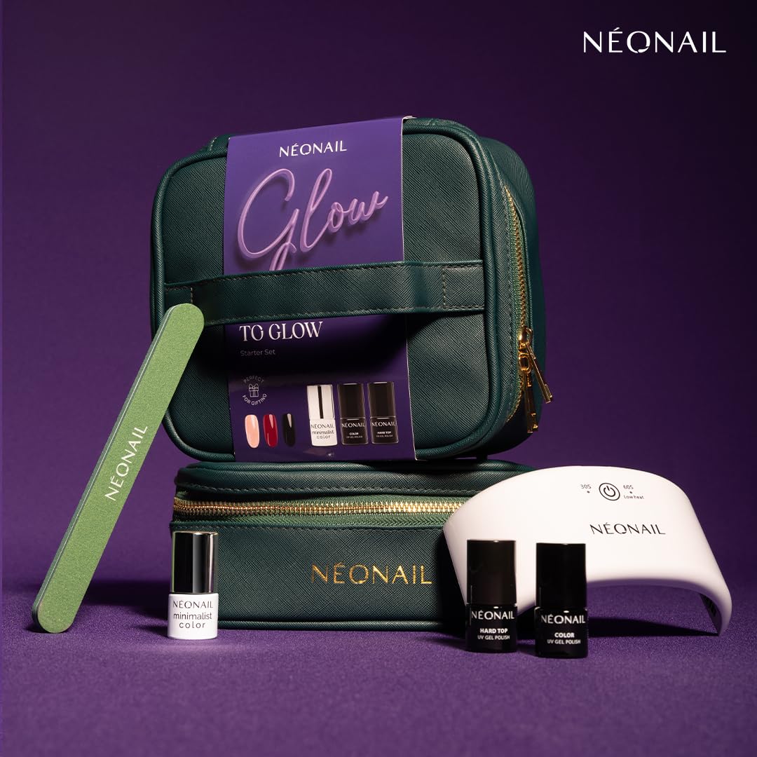 NÉONAIL Zestaw Startowy do Manicure Hybrydowego ALL YOU NEED TO GLOW Starter Set - lampa LED USB 12 W - elegancka kosmetyczka - baza, lakier, top, akcesoria