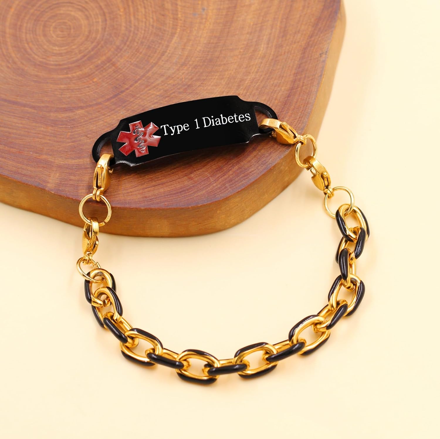 Black Enamel Paperclip Chain Medical Emergency Bracelet - Gold Plated Stainless Steel Medical Health Condition Bracelets YA5206