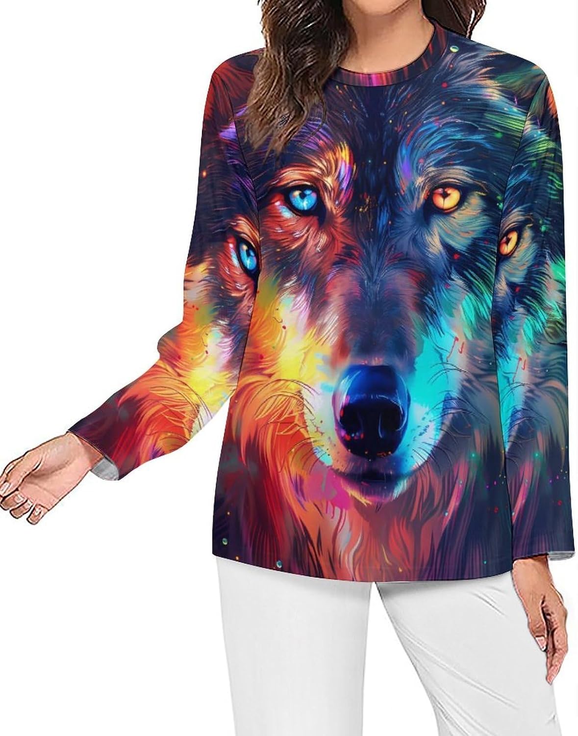 Wolf Galaxy Women's Pajama Top Sleepwear Pajamas Sleep T-Shirt Long Sleeve Shirt Crewneck Tee