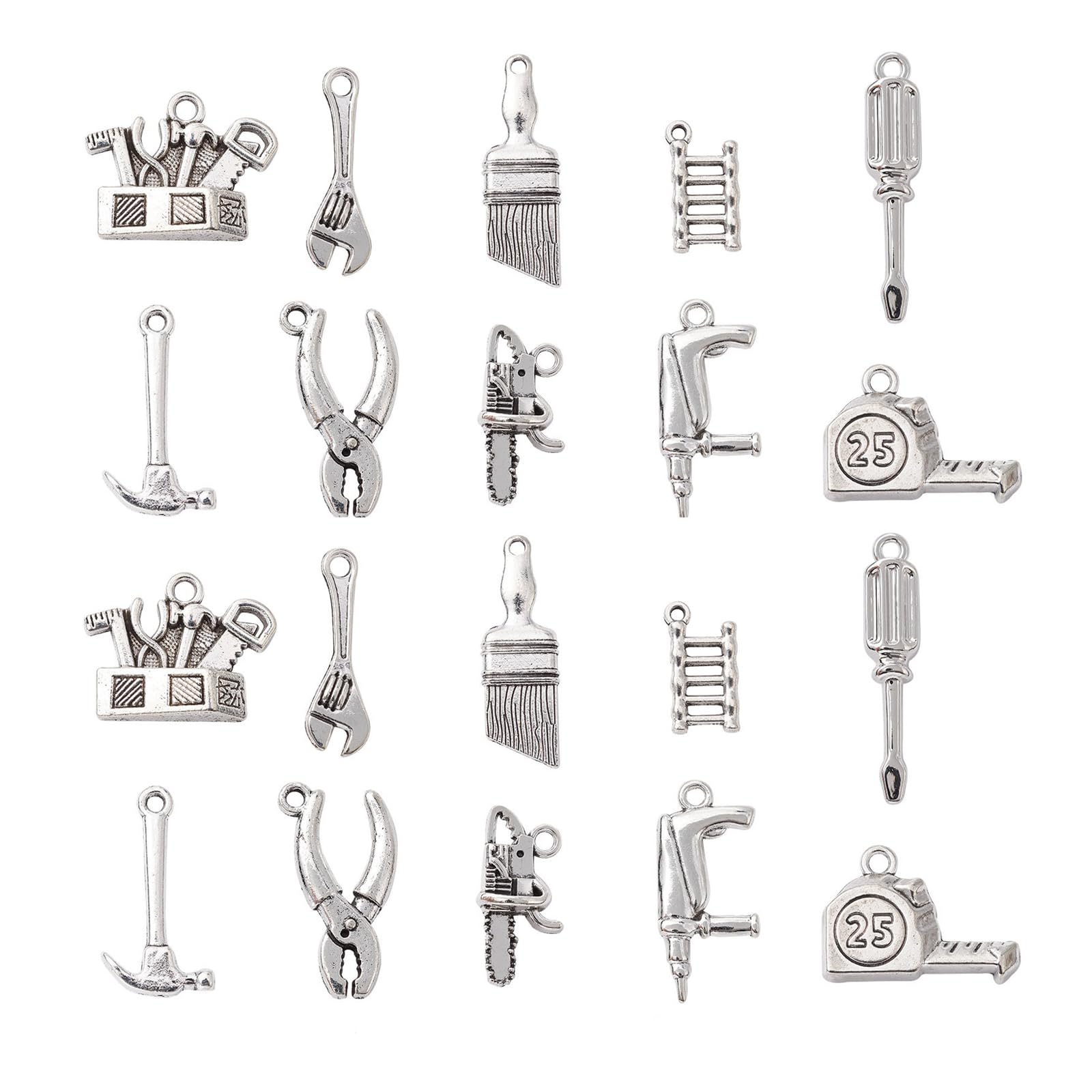 UR URLIFEHALL 50 Pcs 10 Styles Tibetan Builders Theme Charms Antique Silver Pliers Screwdriver Hammer Tool Charms for DIY Jewellery Making