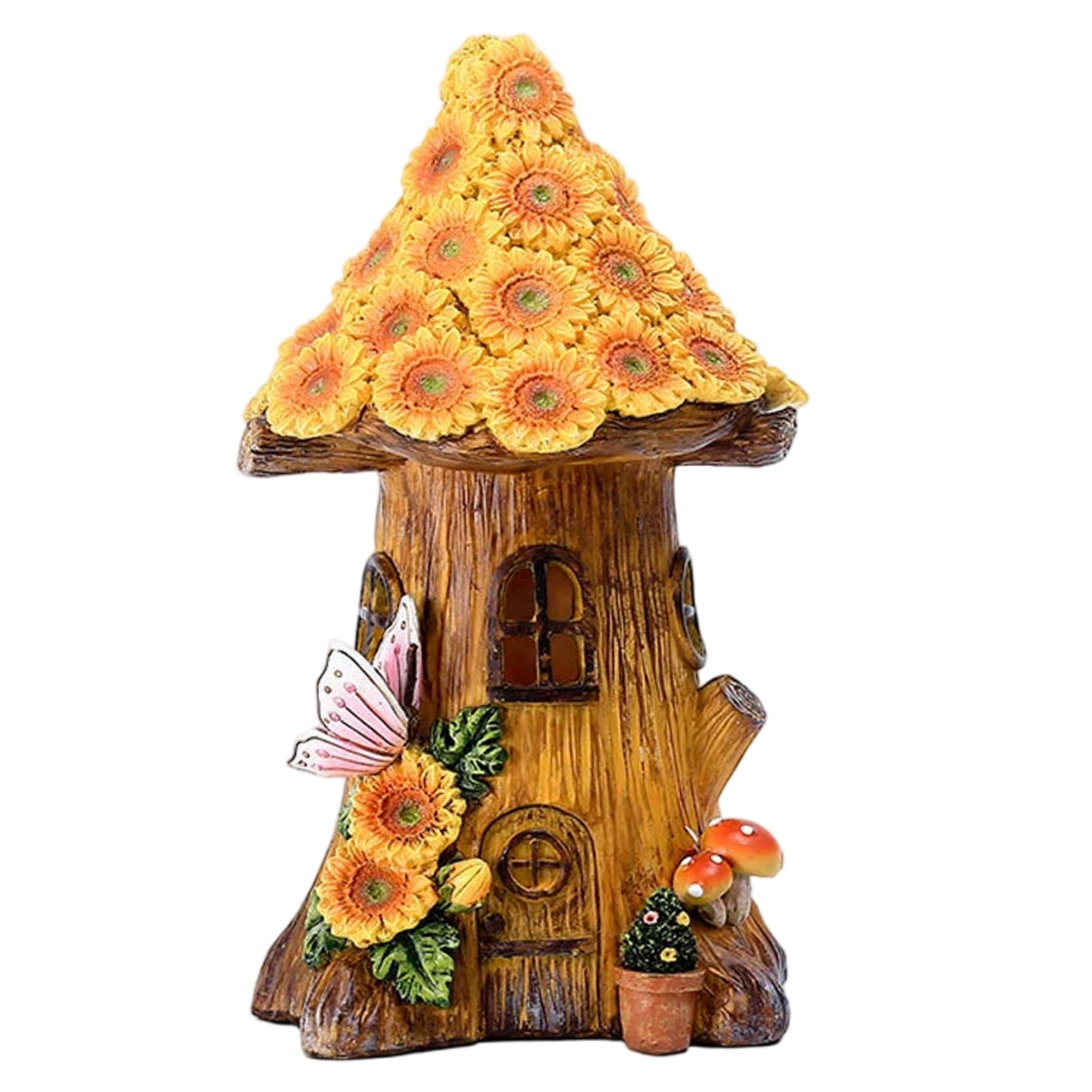 AwnsIMfreien Solar Garden Decor, Solar Mushroom Lights 8.5x4.5in Resin Fairy House with Sunflower & Butterfly Energetic Weatherproof Garden Statues for Patio Yard Lawn, Fairy House
