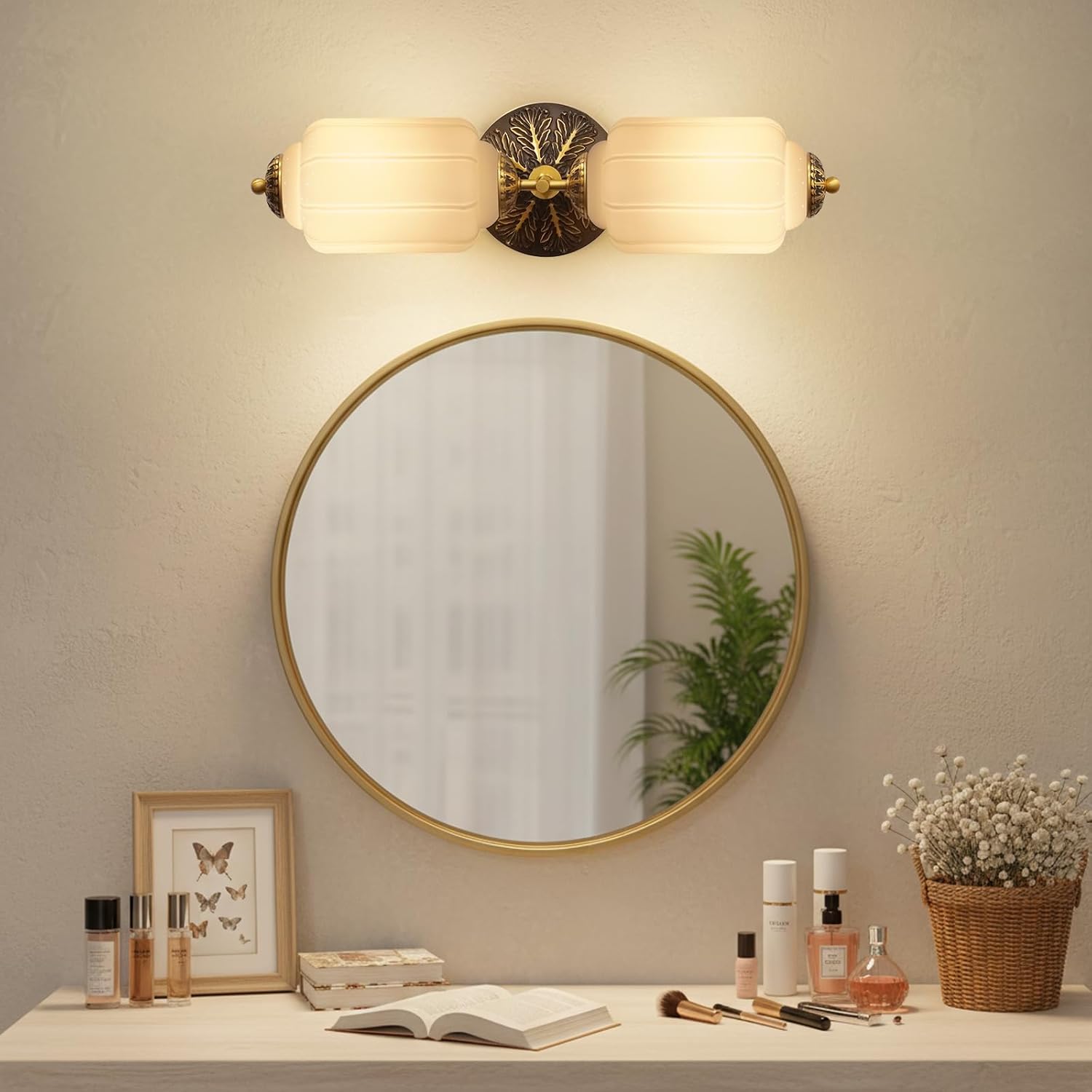 Vintage Bathroom Vanity Light - 2-Light Milk Glass Sconce with Antique Brass Finish & White Shade, Wall Sconce Lighting for Bathroom Mirror, Hallway, Living Room, Bedroom