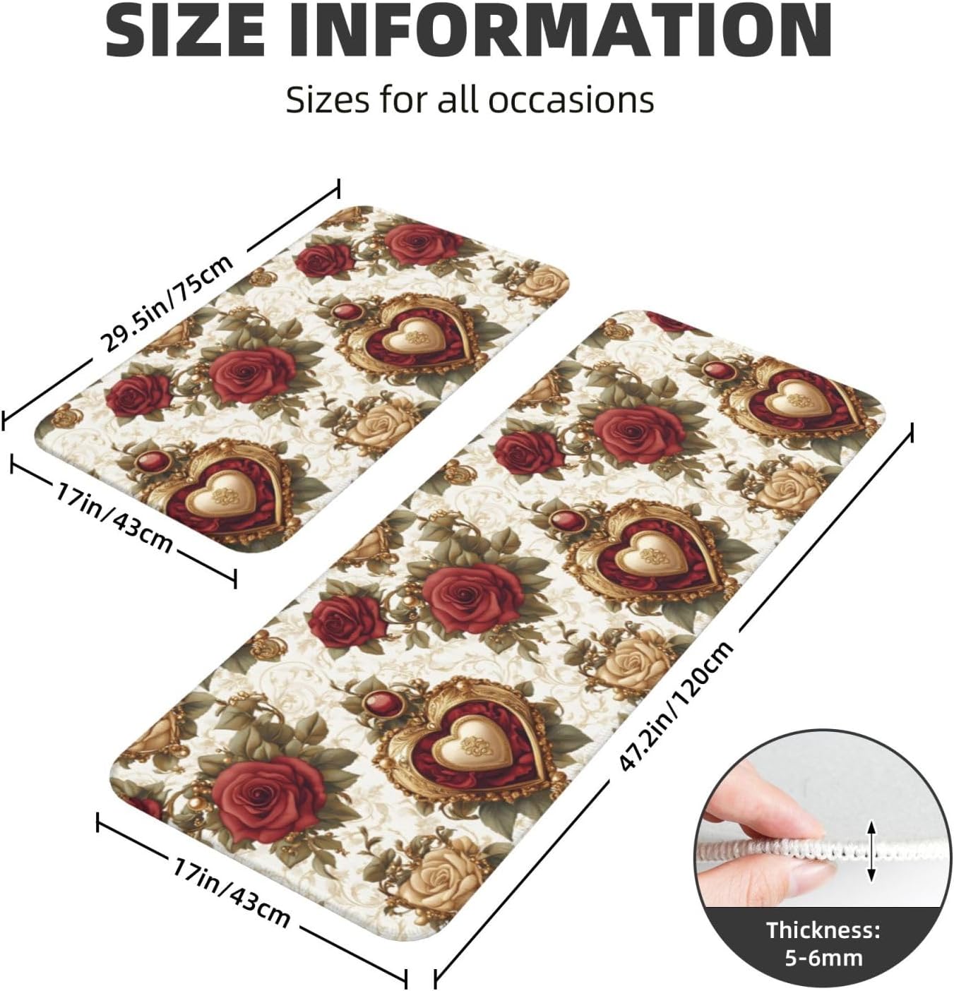 Red Rose Print Kitchen Rugs Sets of 2 Non Slip Washable, Anti Fatigue Kitchen Mats for Floor, Home Decor
