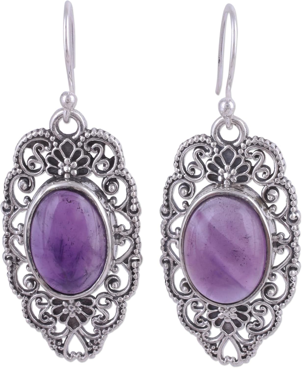 NOVICA Artisan Handmade Amethyst Dangle Earrings Cabochon Sterling Silver Purple India Birthstone [1.8 in L x 0.6 in W x 0.3 in D] ' Mughal Tapestry'