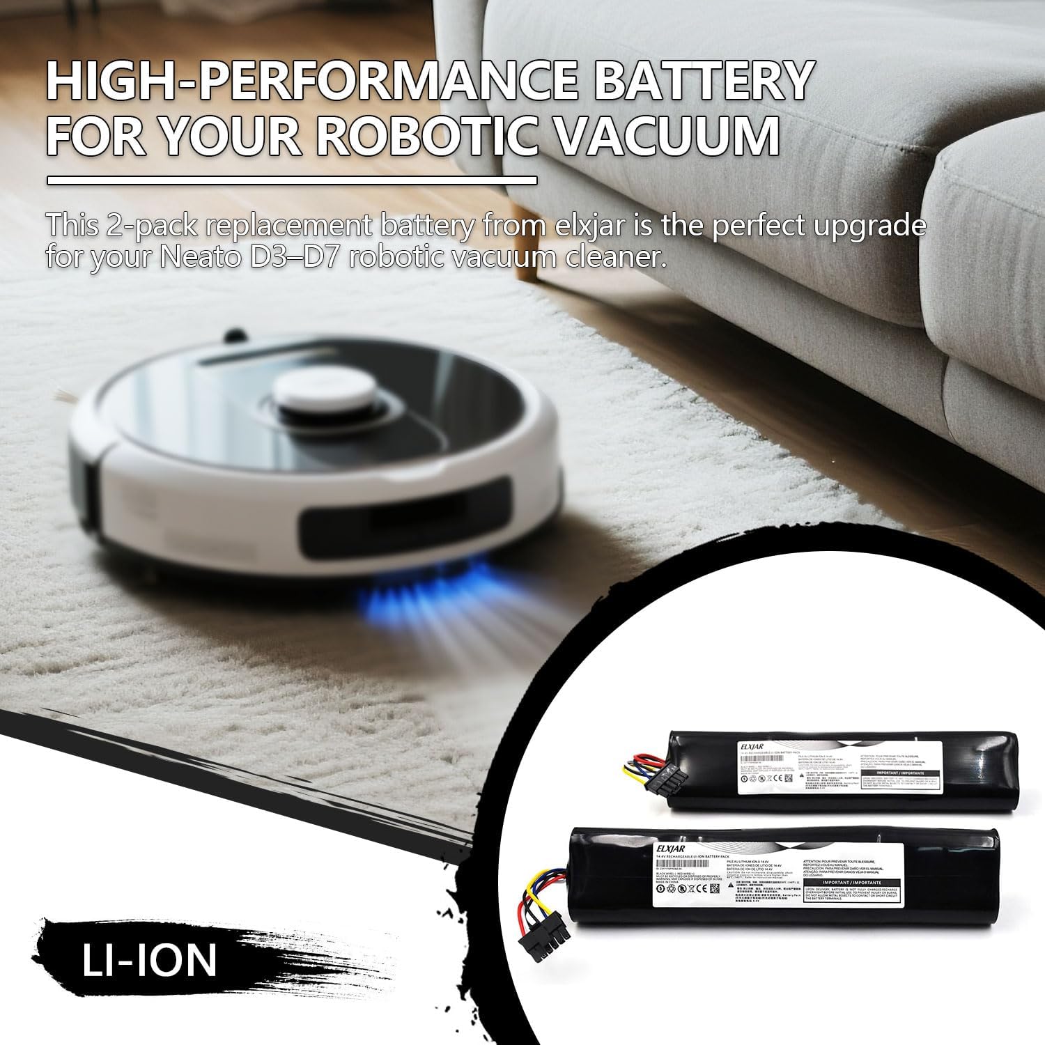 (2-Pack) 14.4V 5200mAh Replacement Battery for Neato D3, D4, D5, D6, D7 Robotic Vacuum Cleaners, Part Number 945-0225