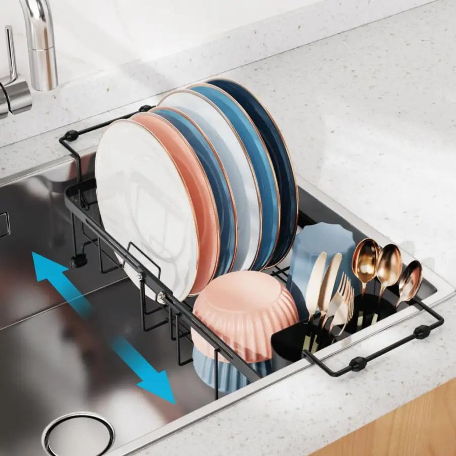 Exble Abtropfgestell für Spülbecken, verstellbares Abtropfgestell für 300 cm große Spülen, rutschfester Griff, extra Stauraum, perfekt für Küchenorganisation und effizientes Trocknen von Geschirr