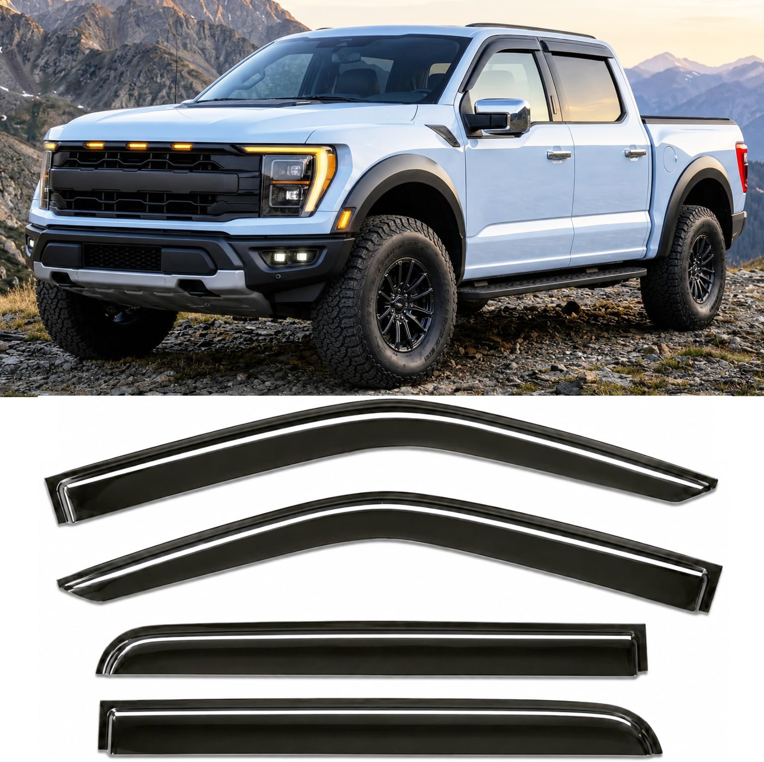 2015-2026 Tape-On Rain Guards for Ford F150 SuperCrew Side Window Deflector Visors (Crew cab only) XL XLT Lariat King Ranch Platinum Limited Lightning 2018 2019 2020 2021 2022 2023 2024 2025