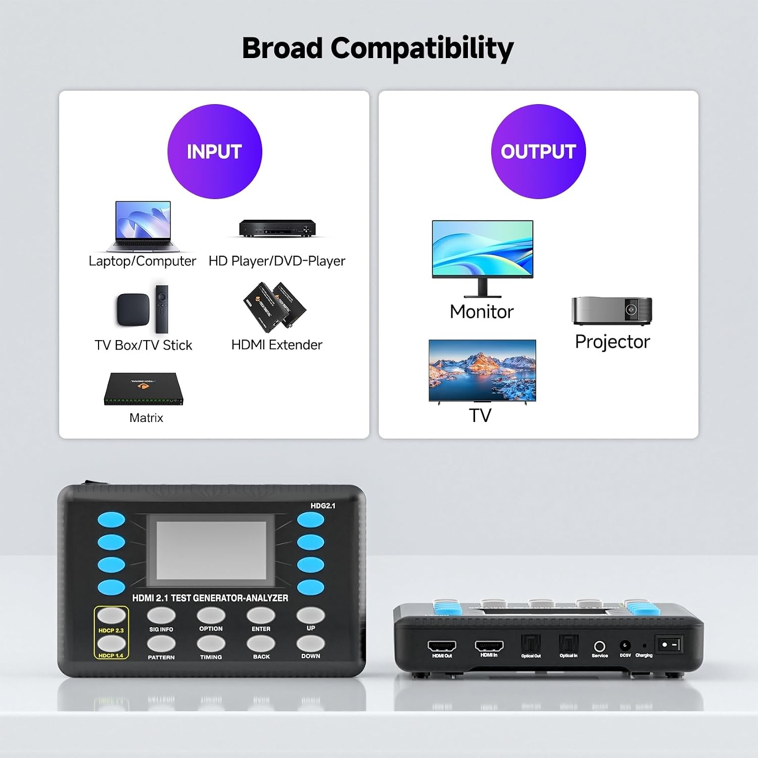 HDMI Test Signal Generator Analyzer Up to 8K 60Hz HDR 40Gbps, 64 Video Resolution 33 Patterns, HDMI 2.1 HDCP 2.3 CEC, Portable Design [JTECH-40GA]