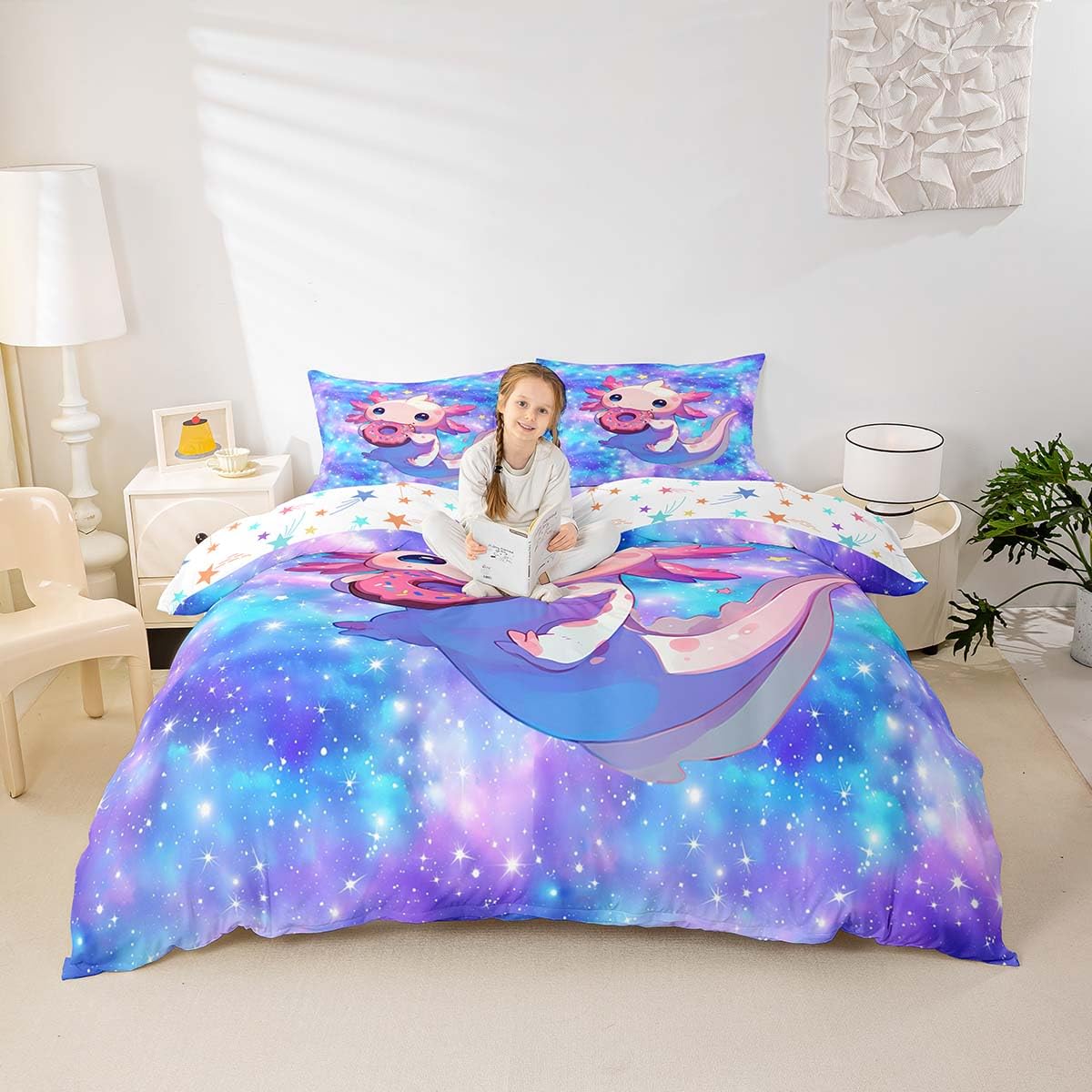 Homemissing Kids Cute Axolotl Bedding Set Cot Size Donuts Cartoon Salamander Comforter Cover Set for Boys Girls Kawaii Ocean Sealife Duvet Cover Bedspread Cover Room Decor Quilt Cover,No Stuffing - Image 2