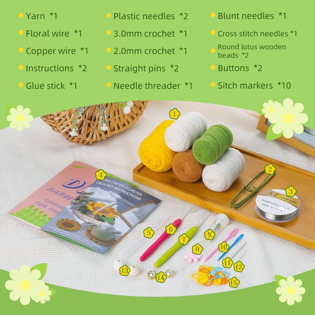 PATPAT Crochet Kit DIY Sunflower Basket Kit Set of 5Pcs Beginners Yellow