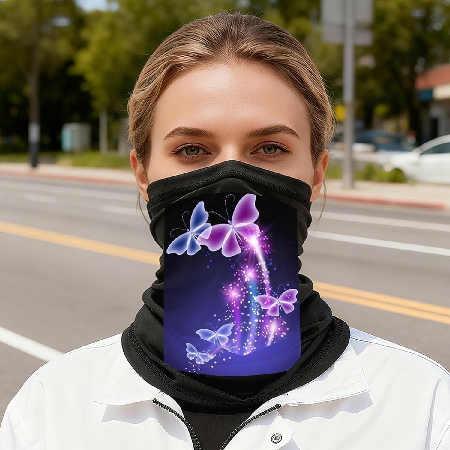 Cute Purple Butterfly Neck Gaiter Face Mask UV Protection for Men Women, Breathable Quick Dry Face Cover Bandana Outdoor Sports Balaclava Wind-Proof for Hiking Skiing Motorcycle Cycling