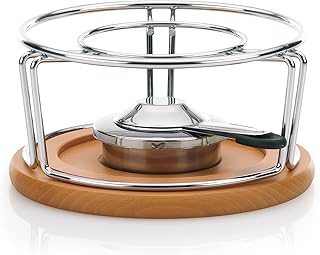 kela Rechaud para fondue de queso con quemador de pasta NATURA, calentador metálico cromado para fondue, recipiente para pasta combustible con posavasos de madera de haya