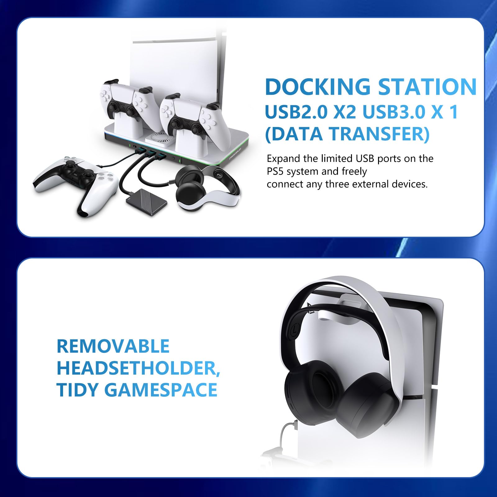 G-STORY PS5 Pro/Slim Stand Stazione di raffreddamento con ventola e stazione di ricarica per controller per console digitali a disco Playstation 5, accessori PS5 3 Hub USB, supporto per cuffie