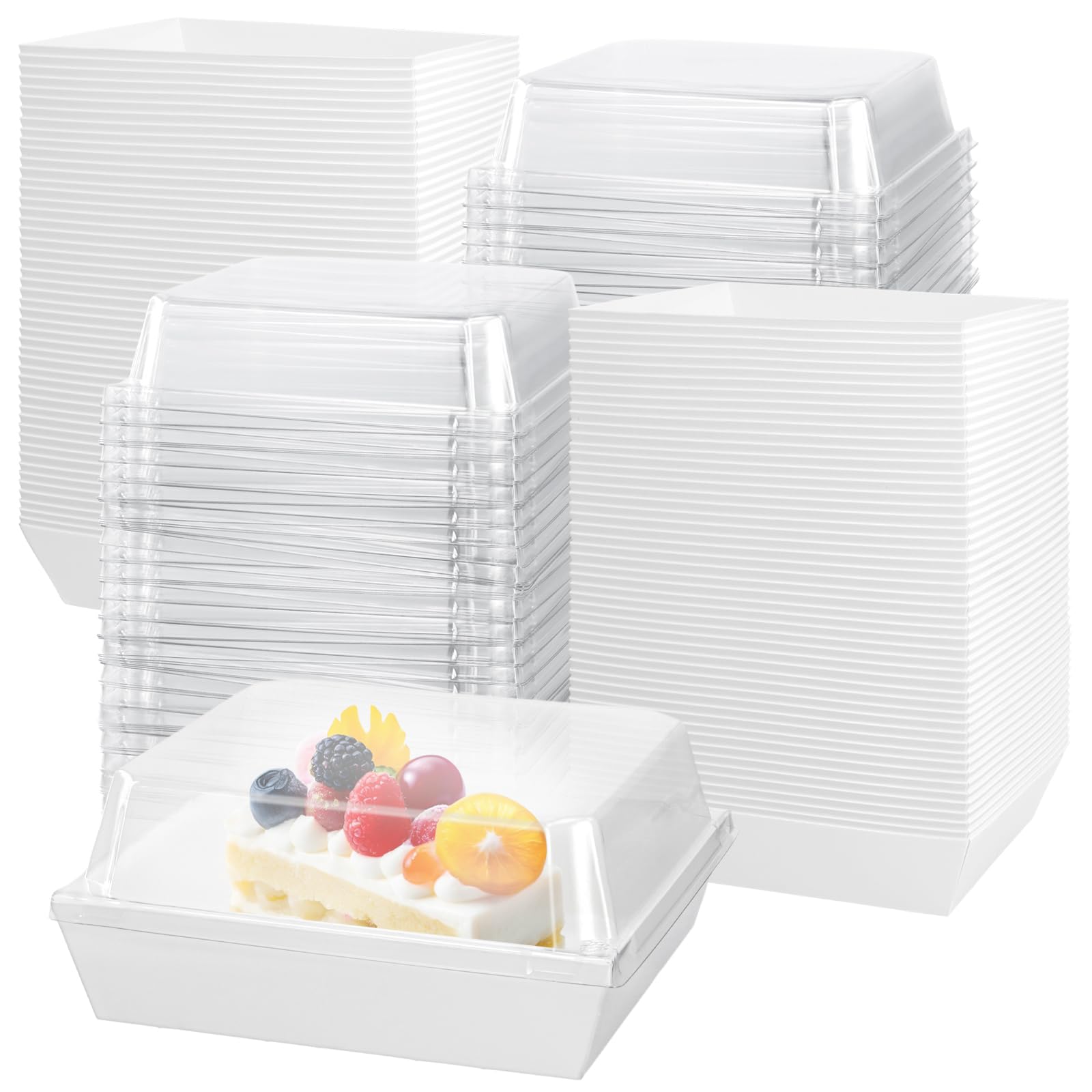 FUNSUEI 100 PCS 11 x 12 x 6.5cm Cake Slice Boxes with Clear Lids, White Charcuterie Boxes, Square Dessert Box for Cake Shop, Swiss Roll, Salad, Cookie, Dessert