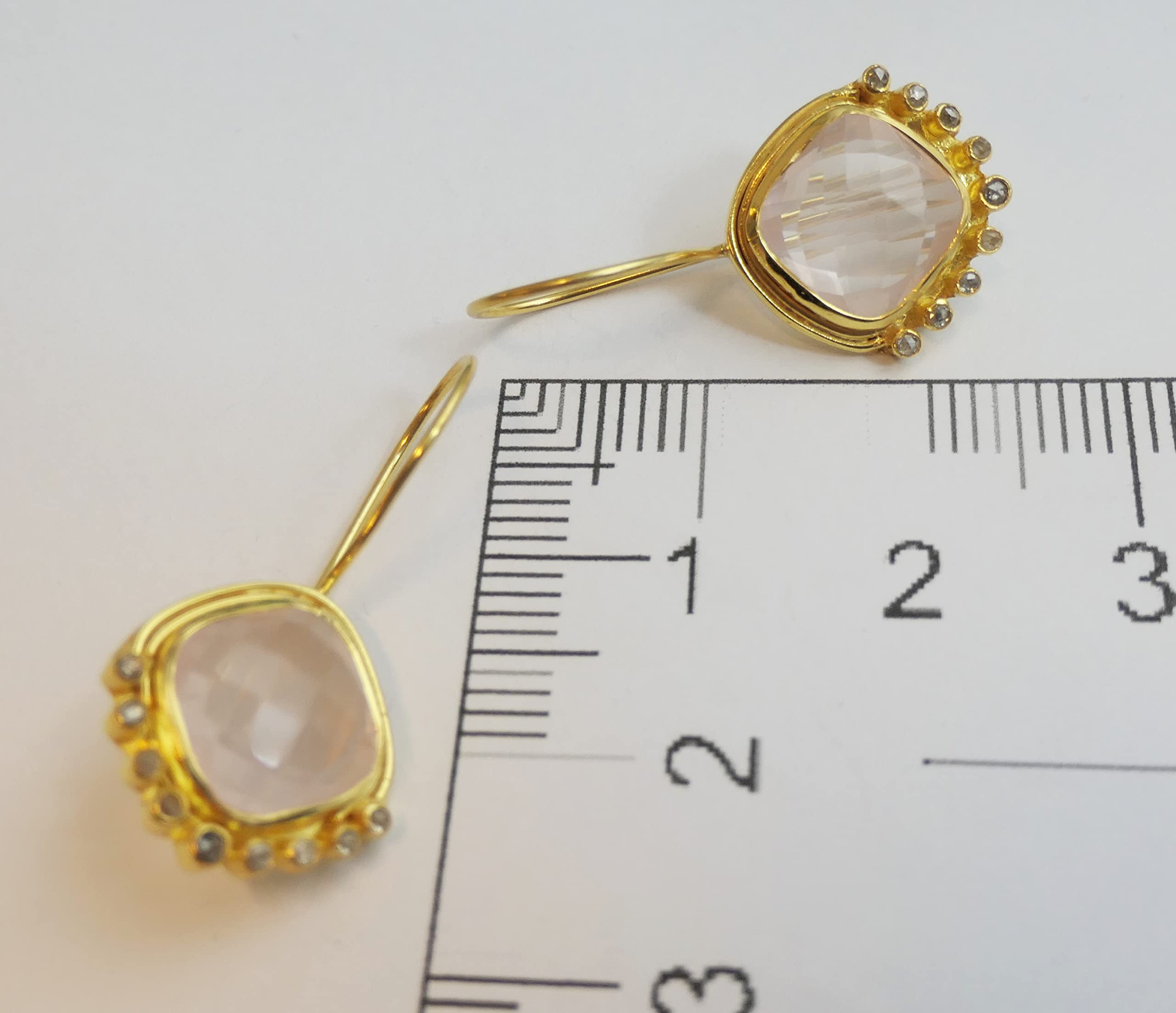 Orecchini in argento sterling placcato oro con diamanti e quarzo rosa- Gemma Naturale - Regalo di Compleanno - Regalo di Natale - Idee Regalo Fatto a Mano per le Donne