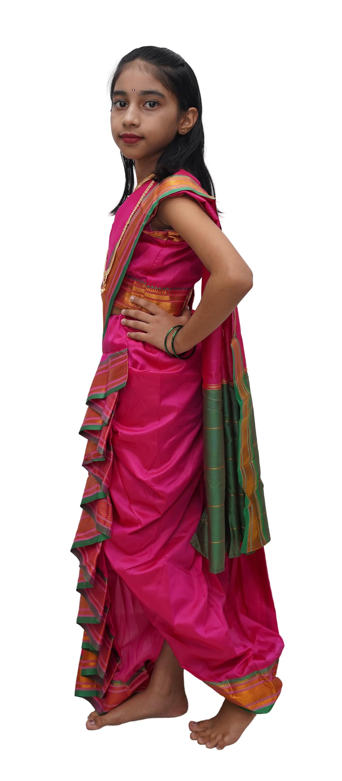 Luster Shahi Mastani Nauvari saree for kids/girls Ready-to-wear with a stitched blouse, Traditional Maharashtrian Marathi saree, for School program ganpati pujas festival (Pink, 12-18 Months) 3