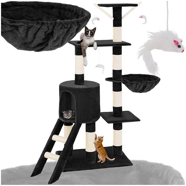 tectake® Arbol Rascador para Gatos, Rascador 144cm, Caseta, Varias Alturas, 3 Ratones de Juguete, Nido…