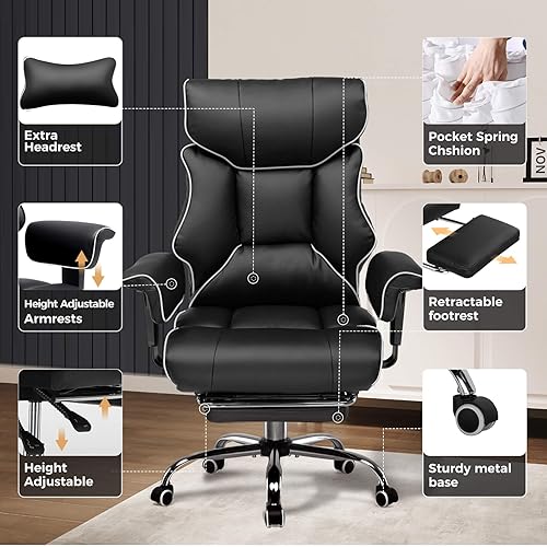Miniatura 4 de COMHOMA Silla de oficina grande y alta, silla de juegos de respaldo alto de 400 libras con soporte lumbar ergonómico y cojín de resorte de bolsillo