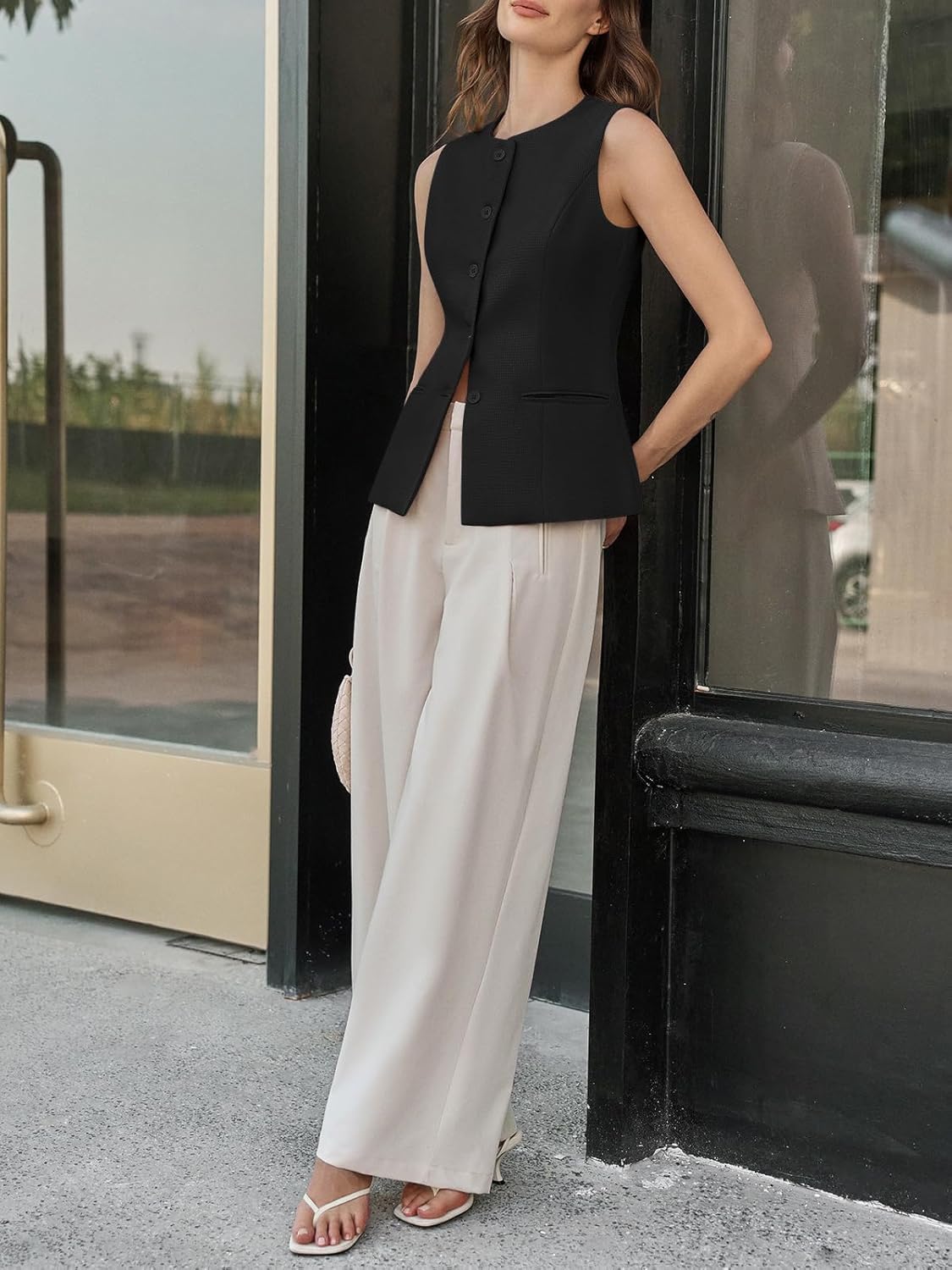 Tankaneo Womens Tweed Sleeveless Vest Crew Neck Button Down Fitted Blazer Vest Tops Work Casual Waistcoat - Image 5