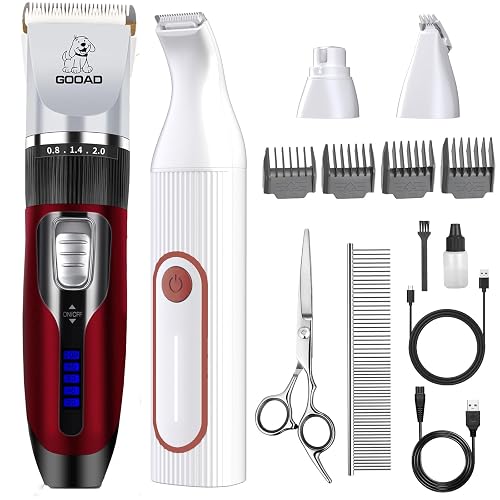 Gooad 4 in 1 Dog Clippers Grooming Kit and Paw Trimmer for Thick Hair&Coats | Low Noise,Rechargeable,Cordless Trimmer Grooming with Paw Trimmer Nail Grinder,Pet Shaver for Small and Large Dogs Cats - Red & White