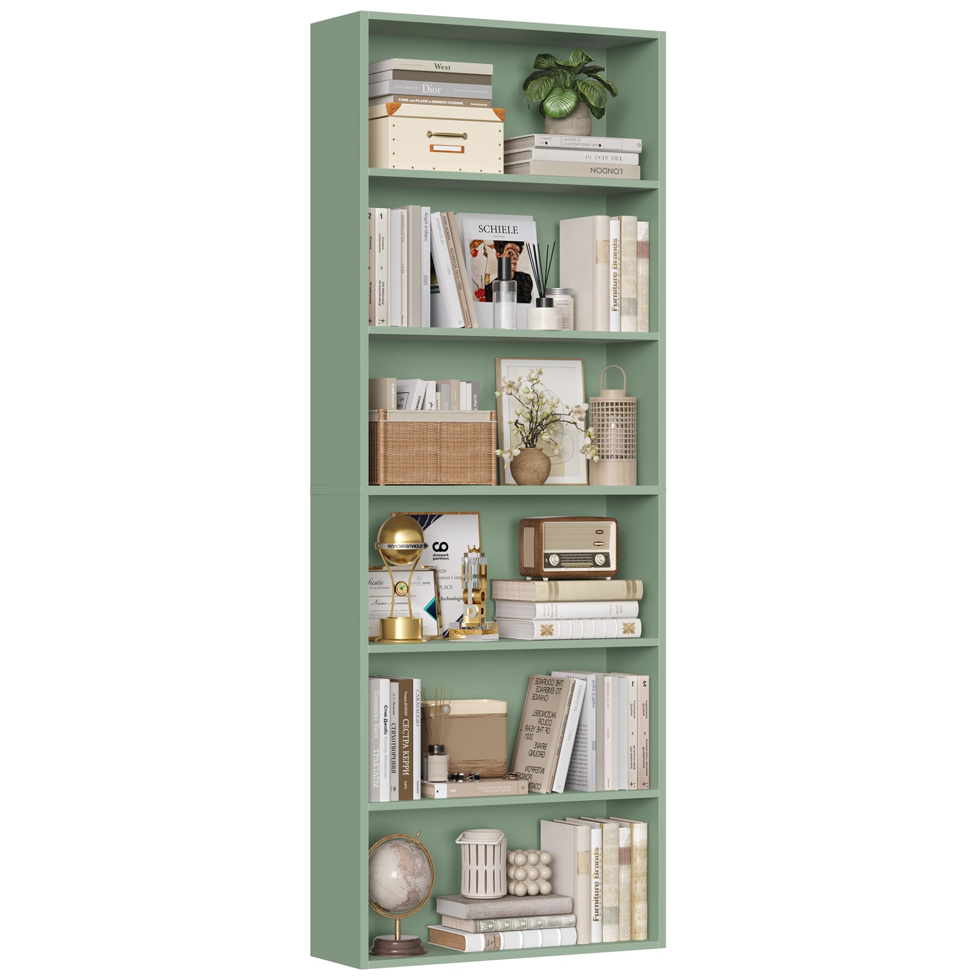 FirFurd Bookcase 6 Tiers Bookshelf Green Tall Bookcase with Open Storage Shelf Freestanding Shelving Unit for Living Room Home Office 60x23.5x180cm
